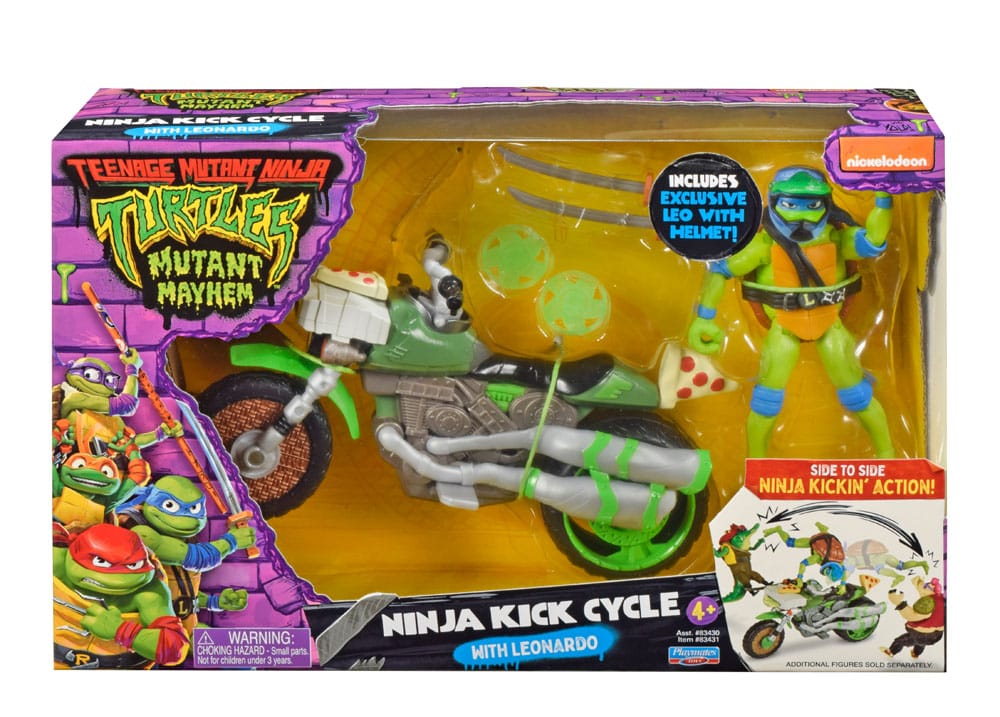 Drive n kick leonardo & motocicleta ninja turtles: caos mutante figura. Cuando los malos se descontrolan y vuelven a causar el caos en la ciudad, las tortugas envían a leo y su ninja kick cycle a resolver el problema. Leo llega al lugar en un santiamén y ¡listo para luchar! Cuando aparece un villano, leo salta de su asiento y se balancea de lado a lado para derrotar al malo. Si la patada no es suficiente para derrotar a los malos, leo se dirige hacia ellos y dispara una de sus poderosas estrellas arrojadizas. ¡problema resuelto! Auténtico: el poderoso ninja kick cycle con tubos de escape dobles está auténticamente detallado y viene con una exclusiva figura de acción de leonardo con casco desmontable. Función de lucha: ¡gira la porción de pizza de un lado a otro y observa cómo leo salta de su asiento y patea de un lado a otro para derribar a los malos! Extremadamente móvil: la exclusiva figura de acción de leonardo básico mide 11,4 cm de alto y tiene 12 puntos de articulación para conseguir poses de lucha llenas de acción accesorios: el set incluye las katanas características de leo, una funda y un lanzador de estrellas ninja.