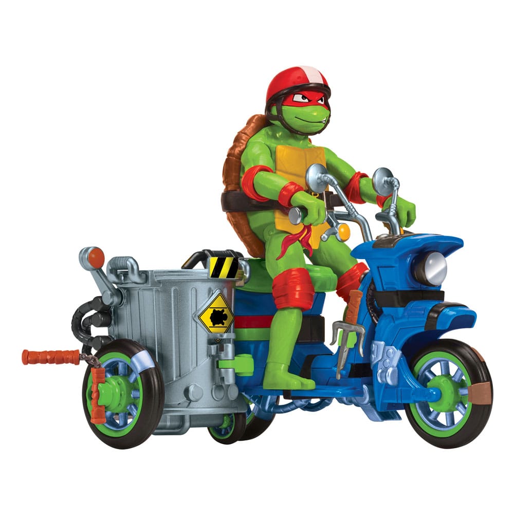 Raphael & scooter y sidecar ninja turtles: caos mutante figura. Han convertido el scooter de su amiga april en una battle cycle con un sidecar transformable para que cada uno de los cuatro hermanos pueda montar y luchar. El sidecar puede acoplarse a la parte trasera o al lateral. ¡todo depende del tipo de acción de batalla que quieras para acabar con los malos! Auténtico: el ciclo de batalla de raphael está diseñado tal y como aparece en la película mutant mayhem. Transformable: el sidecar se puede convertir para sentarse tanto en el lateral como en la parte trasera, y cualquiera de las cuatro tortugas puede montar en él. Figura de juego exclusiva: incluye una figura de acción exclusiva de raphael básico de 11,6 cm con 12 puntos de articulación para poses de lucha llenas de acción. Accesorios: el set incluye el poderoso sais doble de raphael, que puede guardarse en el ciclo de batalla, y el nunchaku, que puede engancharse a la rueda del sidecar para una acción de combate extra.