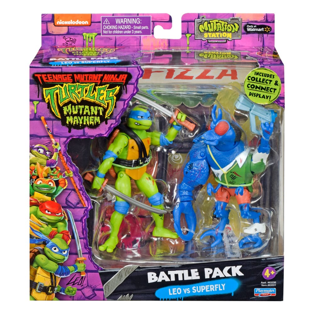 Leonardo vs. Super fly figuras las tortugas ninja. Prepárate para una batalla épica con el pack de 2 figuras leonardo vs super fly de teenage mutant ninja turtles.  ambas figuras están altamente detalladas con arañazos, cicatrices y moratones de su batalla. Las figuras vienen en una caja con ventana que incluye un llamativo diorama de fondo ilustrado sobre el que colocar las figuras. Se puede exhibir junto a donatello vs. Bebop figuras las tortugas ninja, los dioramas se pueden juntar para crear una emocionante escena de fondo. (se venden por separado). Auténtico: leo mide 11,4 cm y super fly 10,8 cm. Ambas figuras están muy detalladas y presentan cicatrices de batalla. Extremadamente móviles: leo y super fly tienen hasta 12 puntos de articulación para adoptar posturas de combate llenas de acción accesorios: cada figura viene con sus propios accesorios para armas diorama de fondo: presenta un llamativo diorama ilustrado que proporciona un gran telón de fondo para la batalla entre leo y super fly