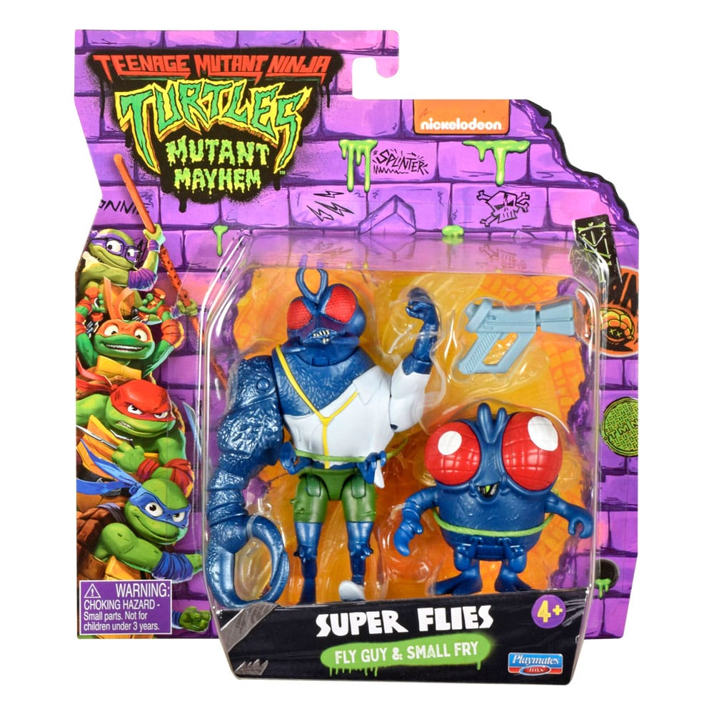 Super flies fly guy & small fry teenage mutant ninja turtles mutant mayhem. El científico renegado baxter stockman creó una familia de minimutantes, pero el tcri destruyó su laboratorio. Super fly rescató a sus hermanos y planeó la venganza. 15 años después, cuatro enemigos deben detenerle antes de que nueva york se llene de mutantes. Las figuras de 11,5 cm de super fly y 6,5 cm de super fly para niños de mutant mayhem coinciden con el diseño de la película y vienen con el blaster de super fly y el frasco de ooze en un llamativo embalaje.