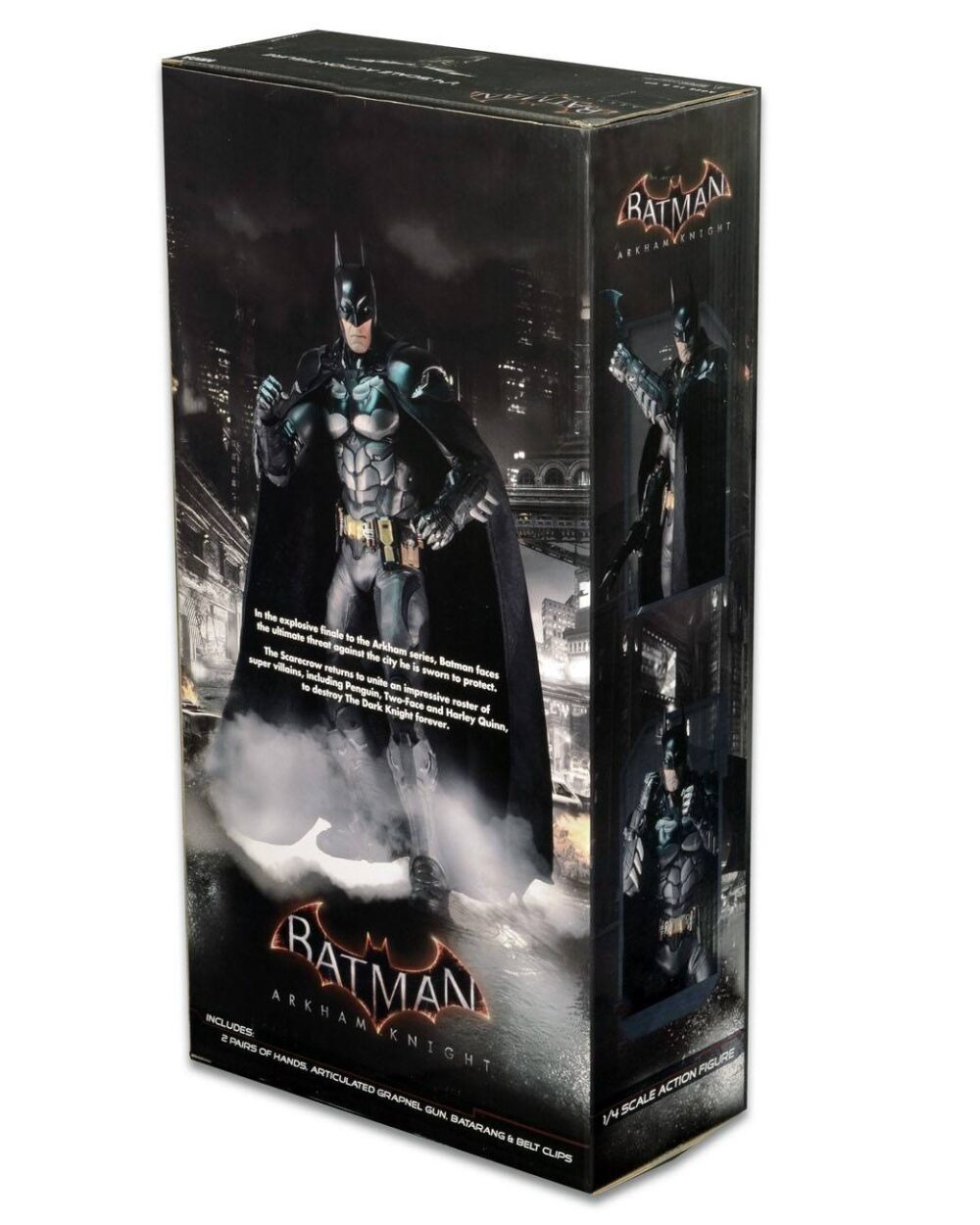 Batman arkham knight 1/4.  de la exitosa serie de videojuegos batman arkham, esta impresionante figura de acción de batman a escala 1/4 está basada en la apariencia del caballero de la noche en el videojuego arkham knight. Batman mide más de 45 cm y presenta un increíble nivel de detalle, fiel al modelo del juego. Cuenta con más de 25 puntos de articulación e incluye accesorios como batarang y garfio, múltiples manos intercambiables y una capa de tela suave.