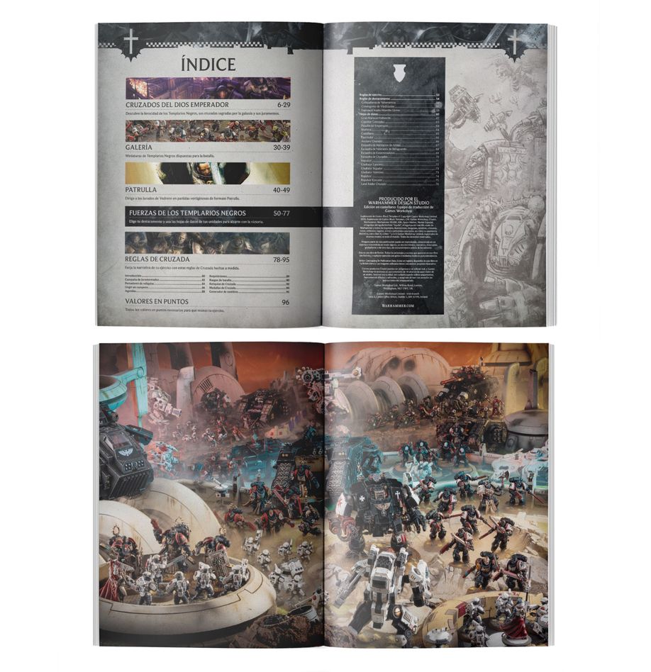 Codex supplement: black templars (español) warhammer 40000. Los templarios negros son un capítulo de marines espaciales que libra fanáticas cruzadas consagradas a exterminar a los incontables enemigos de la humanidad. Adoran al emperador no solo por ser el señor de la humanidad sino también como dios, en el sentido más literal de la palabra. En su nombre, toman juramentos inquebrantables para erradicar a sus enemigos más odiados. La suya es una cruzada interminable, que libran con espadas sagradas, virotes, fuego purificador, tanques y cañoneras cubiertos de escrituras sagradas, y la furia de su fe inquebrantable. El suplemento de codex: black templars es un libro esencial para coleccionistas afanados por emprender una cruzada y conquistar la galaxia en nombre del dios emperador. Está repleto de épicas ilustraciones, fascinante material de trasfondo, fotografías inspiradoras y las reglas que necesitas para crucificar a tus enemigos en warhammer 40,000. Dentro encontrarás hojas de datos, destacamentos, reglas para el formato narrativo cruzada y una sección independiente de patrulla para jugar partidas tácticas y disputadas con tu colección. Este libro te ayudará a difundir la fe en el dios emperador, sea cual sea tu forma de coleccionar, pintar y jugar con los templarios negros.