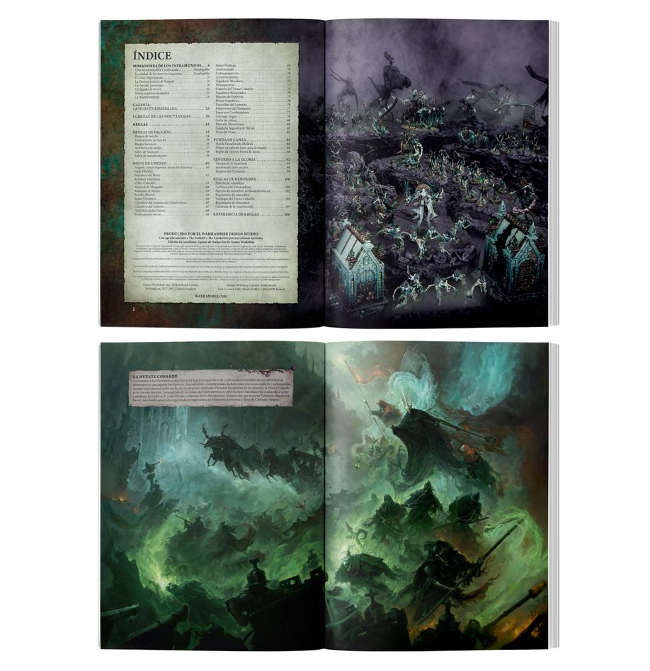 DEATH BATTLETOME: NIGHTHAUNT (ESPAÑOL) WARHAMMER AGE OF SIGMAR. Las Noctánimas se congregan en cementerios y campos de batalla. Son horrores etéreos que solo desean afligir a los vivos sus agonías y convertir las tierras en una Necrotopía sin vida. Confluyen en temibles procesiones y caen sobre sus enemigos como una horda frenética e incorpórea. Resentidos y consumidos por la pesadumbre, odian a los vivos y descargan su furia con espantosos espolones y armas de ultratumba. Surgen en masa de los oscuros inframundos para ahogar los reinos en una ola de terror. El Tomo de batalla Muerte: Nighthaunt es un libro esencial para coleccionistas y jugadores que quieran castigar a los vivos de los Reinos Mortales. Este tomo de tapa dura está repleto de ilustraciones macabras, espeluznante material de trasfondo sobre estas almas torturadas, y las reglas que necesitarás para hacer cumplir la voluntad de Nagash. Dentro encontrarás hojas de unidad, regimientos y ejércitos de renombre, reglas de Sendero a la Gloria y Yunque de la Apoteosis, y una sección independiente de Punta de lanza que te ayudará a jugar disputadas partidas tácticas con tu colección. Este libro será tu guía para emprender campañas de terror, sea cual sea tu forma de coleccionar, pintar y jugar con las Noctánimas.
