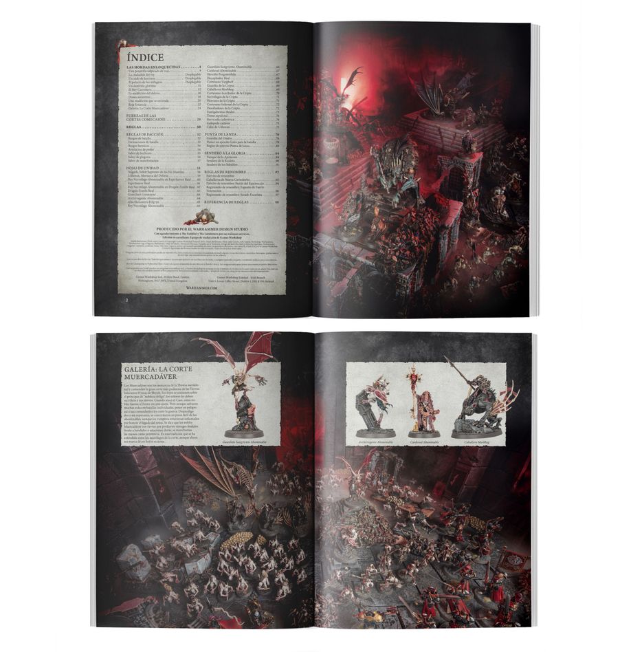 DEATH BATTLETOME: FLESH-EATER COURTS (ESPAÑOL) WARHAMMER AGE OF SIGMAR. Las Cortes Comecarne son una fuerza temible y maldita. No están ni muertos ni vivos, gobernados por bestiales monarcas vampíricos y atrapados en una delusión que les oculta su naturaleza macabra. Se congregan en los lugares más oscuros de los reinos, enconándose allá donde la guerra y la tragedia ha desgarrado reinos antaño orgullosos. Estos caníbales encorvados y deformes desgarran la carne viva con un abandono salvaje mientras en sus mentes se creen nobles caballeros y señores feudales. El Tomo de batalla Muerte: Flesh-eater Courts es un libro esencial para coleccionistas y jugadores que quieran liderar una cruzada para liberar los Reinos Mortales. Este tomo de tapa dura está repleto de ilustraciones retorcidas, espeluznante material de trasfondo de estos caníbales enajenados, fotografías épicas, y las reglas que necesitarás para hacer que tu señor esté orgulloso de ti. Dentro encontrarás hojas de unidad, regimientos y ejércitos de renombre, reglas de Sendero a la Gloria y Yunque de la Apoteosis, y una sección independiente de Punta de lanza que te ayudará a jugar disputadas partidas tácticas con tu colección. Este libro te guiará a través de tus delirantes campañas, sea cual sea tu forma de coleccionar, pintar y jugar con las Cortes Comecarne.