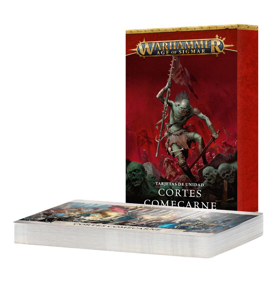 WARSCROLL CARDS: FLESH-EATER COURTS (ESPAÑOL) WARHAMMER AGE OF SIGMAR. En lugares tenebrosos y aterradores merodean las Cortes Comecarne. Esta caterva de vampiros y engendros caníbales están atrapados en un terrible delirio, una locura que los lleva a creerse nobles y virtuosos, a pesar de las muy reales aberraciones que cometen. Ahora, al son de trompetas y macabros tambores de guerra, su Reydestío reúne a sus hordas… Este set de 40 tarjetas te ayudará a llevar un seguimiento de tus Cortes Comecarne en partidas de Warhammer Age of Sigmar. Hay tarjetas de unidad individuales para cada unidad, manifestación y elemento de terreno de facción, con sus perfiles, equipo, opciones y habilidades especiales. Son la forma ideal de consultar fácilmente la información clave en el fragor de la batalla. También encontrarás dos conjuntos de tarjetas de unidad especiales para partidas de Punta de lanza.