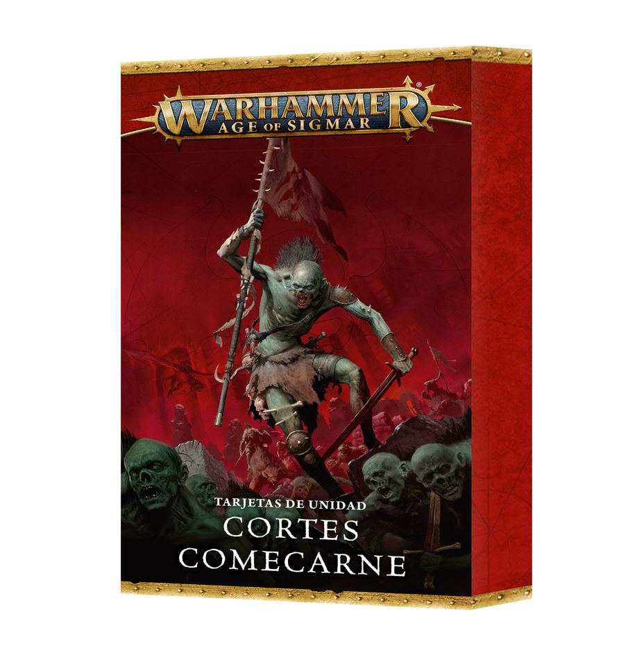WARSCROLL CARDS: FLESH-EATER COURTS (ESPAÑOL) WARHAMMER AGE OF SIGMAR. En lugares tenebrosos y aterradores merodean las Cortes Comecarne. Esta caterva de vampiros y engendros caníbales están atrapados en un terrible delirio, una locura que los lleva a creerse nobles y virtuosos, a pesar de las muy reales aberraciones que cometen. Ahora, al son de trompetas y macabros tambores de guerra, su Reydestío reúne a sus hordas… Este set de 40 tarjetas te ayudará a llevar un seguimiento de tus Cortes Comecarne en partidas de Warhammer Age of Sigmar. Hay tarjetas de unidad individuales para cada unidad, manifestación y elemento de terreno de facción, con sus perfiles, equipo, opciones y habilidades especiales. Son la forma ideal de consultar fácilmente la información clave en el fragor de la batalla. También encontrarás dos conjuntos de tarjetas de unidad especiales para partidas de Punta de lanza.