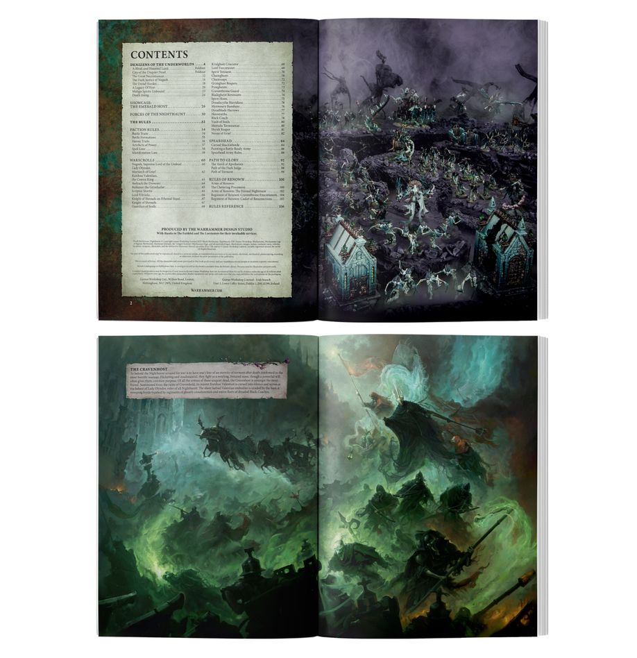 DEATH BATTLETOME: NIGHTHAUNT (INGLÉS) WARHAMMER AGE OF SIGMAR. Solo en inglés. The Nighthaunt gather across graveyards and battlefields. Ethereal horrors, they seek to visit their agonies upon the living and turn all the lands into a lifeless Necrotopia. Coalescing in dread processions, they descend upon their foes in a frenzied and incorporeal horde. Embittered and consumed by misery, they hate the living and vent their fury with ghastly talons and grave-iron blades. Surging from the lightless underworlds in their spectral masses, they will drown the realms in fear. Death Battletome: Nighthaunt is a chilling book for collectors and gamers who wish to punish the living throughout the Mortal Realms. This hardcover tome is packed with macabre artwork, hair-raising background material about the tortured souls, epic photography, and the rules you'll need to enact the will of Nagash. You’ll find warscrolls, Regiments and Armies of Renown, Path to Glory and Anvil of Apotheosis rules, plus a self-contained Spearhead section to help you play tight, tactical games with your collection. This book will guide you through your campaigns of terror, no matter how you like to collect, paint, and play with your Nighthaunt.