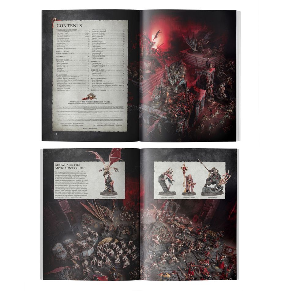 DEATH BATTLETOME: FLESH-EATER COURTS (INGLÉS) WARHAMMER AGE OF SIGMAR. Solo en inglés. The Flesh-eater Courts are accursed and terrifying. Neither fully dead nor alive, ruled by bestial vampire monarchs, these ghouls are trapped in a reality-warping delusion that blinds them to their grim nature. In the dark places of the realms, the Flesh-eater Courts congregate – festering wherever war and tragedy has ripped apart proud kingdoms. Stooped and malformed, these cannibals tear at living flesh with savage abandon, all while believing themselves to be noble knights and feudal lords. Death Battletome: Flesh-eater Courts is a macabre tome for collectors and gamers who wish to lead a crusade to liberate the Mortal Realms. This hardcover book is packed with twisted artwork, chilling background material about the debased cannibals, epic photography, and the rules you'll need to do your liege lord proud. You’ll find warscrolls, Regiments and Armies of Renown, Path to Glory and Anvil of Apotheosis rules, plus a self-contained Spearhead section to help you play tight, tactical games with your collection. This book will guide you through your deluded campaigns, no matter how you like to collect, paint, and play with your Flesh-eater Courts.