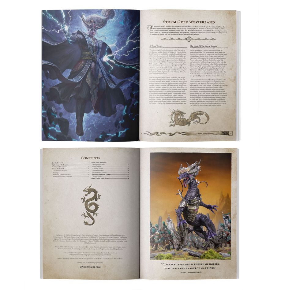 Arcanr journal: dawn of the strorm dragon (inglés) warhammer the old world. Solo en inglés. After years of invasions and warfare, the barony of westerland stands upon the brink of destruction, its northern reaches overrun by the forces of chaos. The warriors of marienburg discover an unexpected ally when a grand fleet of cathayan junks arrives in the manaansport sea, heralding the arrival of miao ying, the storm dragon. This supplement explores the armies of grand cathay even more deeply, and includes additional rules to help you get the most out of them in your games of warhammer: the old world. It includes expanded lore, delving into the relationships the nation of grand cathay has with the inhabitants of the old world and the events that led to the sailing of the jade fleet. There are rules for allying your armies of grand cathay with the empire of man, additional terrain rules, a guide to multiplayer battles, and a series of linked scenarios to play. There are also additional magic items for your armies of grand cathay, including weapons, armour, talismans, and more.