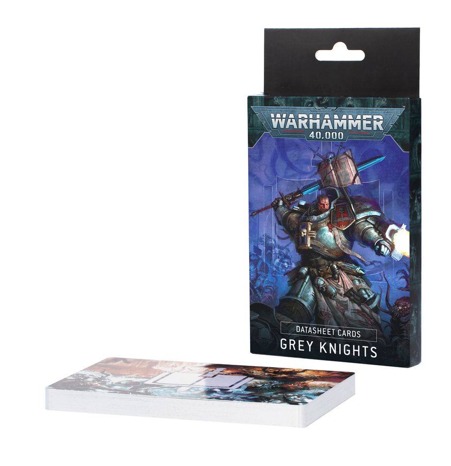 Datasheet cards: grey knights (inglés) warhammer 40000. Solo en inglés. The grey knights go to war with an arsenal unlike any other chapter of space marines. All their equipment is bespoke, made to their own specifications in clandestine manufactories. Though they look similar to other adeptus astartes, they are far more specialised and deadly. This set of 30 cards will help you keep track of your grey knights units in games of warhammer 40,000. There are individual datasheet cards for each unit – detailing their profiles, wargear, options, and special abilities. They are an ideal way to easily check key information in the heat of battle. You'll also find a reference card for the grey knights army rule and special datasheet cards for use in combat patrol games.