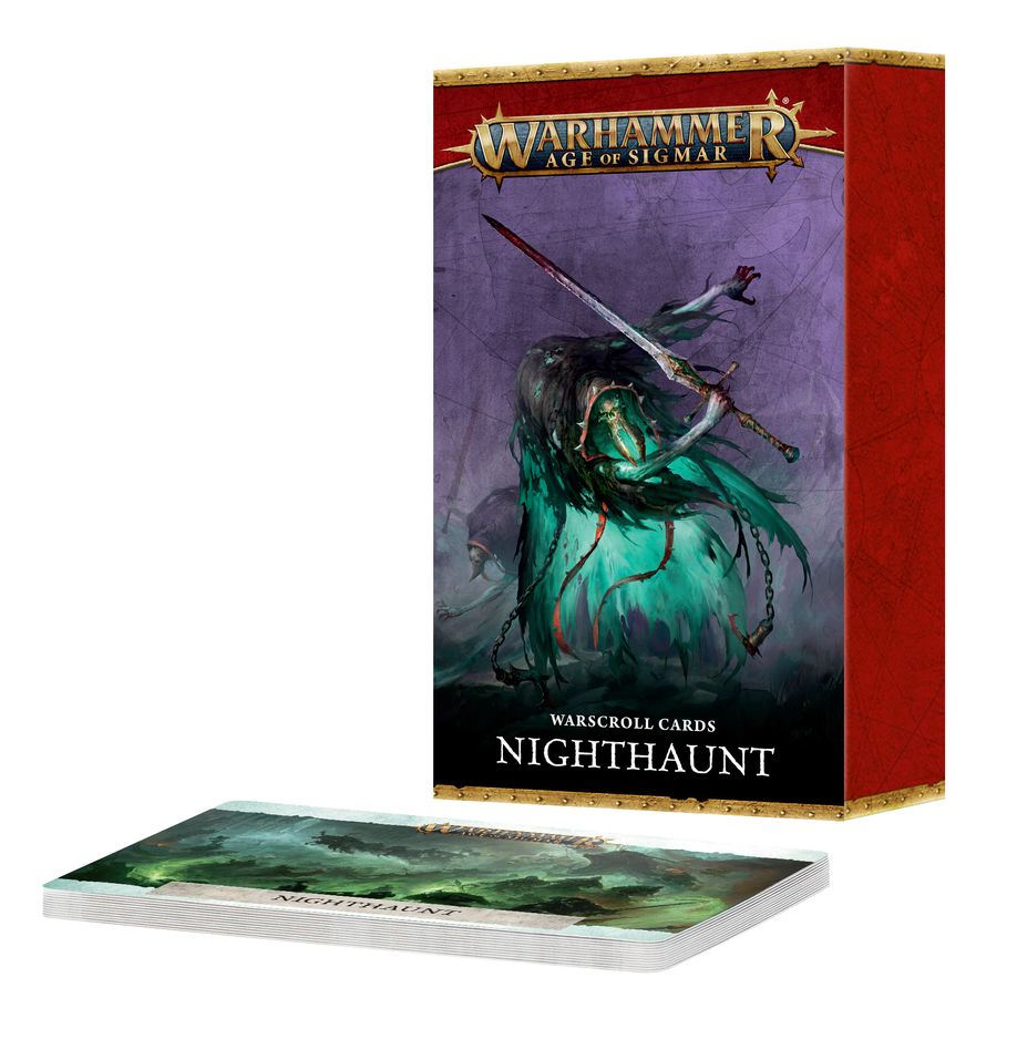WARSCROLL CARDS: NIGHTHAUNT (INGLÉS) WARHAMMER AGE OF SIGMAR. Solo en inglés. The Nighthaunt are cursed spirits, reshaped by Nagash's malice into a plague upon the living. Dwelling in lands wherever the touch of death lies heavy, these unquiet gheists exist only to torment mankind and spread fear across the realms. Billowing forth in shrieking hordes and clutching grave-iron blades, they reap the souls of the living with frenzied abandon. This set of 42 cards will help you keep track of your Nighthaunt armies in games of Warhammer Age of Sigmar. There are individual warscroll cards for each unit, manifestation, and faction terrain piece – detailing their profiles, wargear, options, and special abilities. They are an ideal way to easily check key information in the heat of battle. You'll also find two sets of special warscroll cards for use in Spearhead games.