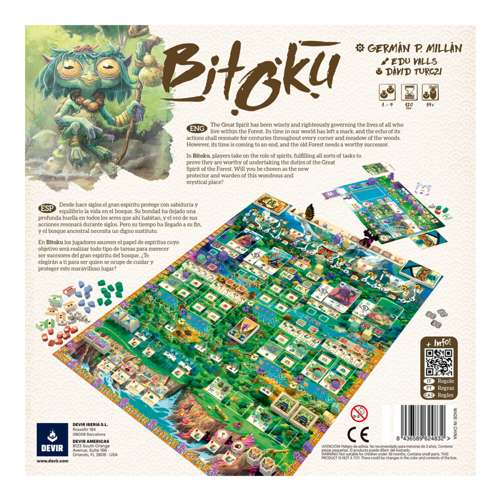 Bitoku.  en bitoku los jugadores tomarán el papel de espíritus que habitan un bosque ancestral guardado por el gran espíritu. Su objetivo será que sus espíritus se eleven con tal de convertirse en dignos herederos del gran espíritu del bosque.  bitoku es un juego de tipo eurogame de complejidad alta. El gran espíritu del bosque lleva gobernando con sabiduría y justicia la vida de todos aquellos que ahí habitan. Su paso por el mundo ha dejado huella, y el eco de sus acciones resonará durante siglos por todos los confines y rincones del bosque. Pero su tiempo está llegando a su fin. Los espíritus bitoku del bosque elegirán cuál de ellos ha de ser aquel que le sustituya.   