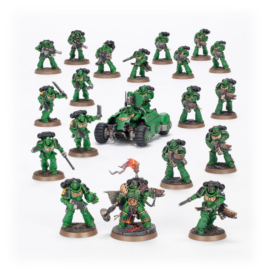 COMBAT PATROL: BLACK TEMPLARS WARHAMMER 40000. Adrax Agatone, Capitán de la 3.ª Compañía de los Salamandras, es una fuerza de destrucción concentrada y letal que golpea con fuerza y precisión en combate sin mostrar señales de agotamiento. Lidera a sus hermanos en la batalla empuñando un imponente martillo de trueno. Tras él marchan los Intercesores de Asalto, listos para lanzarse al combate cuerpo a cuerpo a su lado. Un núcleo de Marines Infernus está preparado para calcinar a sus enemigos, reclamando y manteniendo objetivos para completar la misión. Los Erradicadores y un Quad Invader apoyan al ejército con armamento pesado, conformando una fuerza de choque equilibrada. Si deseas purificar la galaxia con las llamas de Nocturne, esta caja es la forma ideal de comenzar una nueva colección de Salamandras (o ampliar un ejército ya existente) y ahorrar dinero en comparación con la compra de los kits por separado. La fuerza está liderada por Adrax Agatone, quien se lanza al fragor del combate acompañado por una escuadra de Intercesores de Asalto. Una unidad de Marines Infernus arrasa con fuego a los enemigos, barriendo objetivos vitales y defendiéndolos hasta completar la misión. Tres Erradicadores proporciona apoyo con sus poderosas armas de fusión, mientras que un Quad Invader avanza rápidamente manteniéndose al ritmo de las líneas del frente o actuando como hostigador y apoyo reactivo. Estas 20 miniaturas de plástico representan una fuerza completa para usar en partidas tácticas y ajustadas de Patrulla de Warhammer 40,000. Las reglas de esta Patrulla están disponibles como descarga gratuita en el sitio web de Warhammer Community.