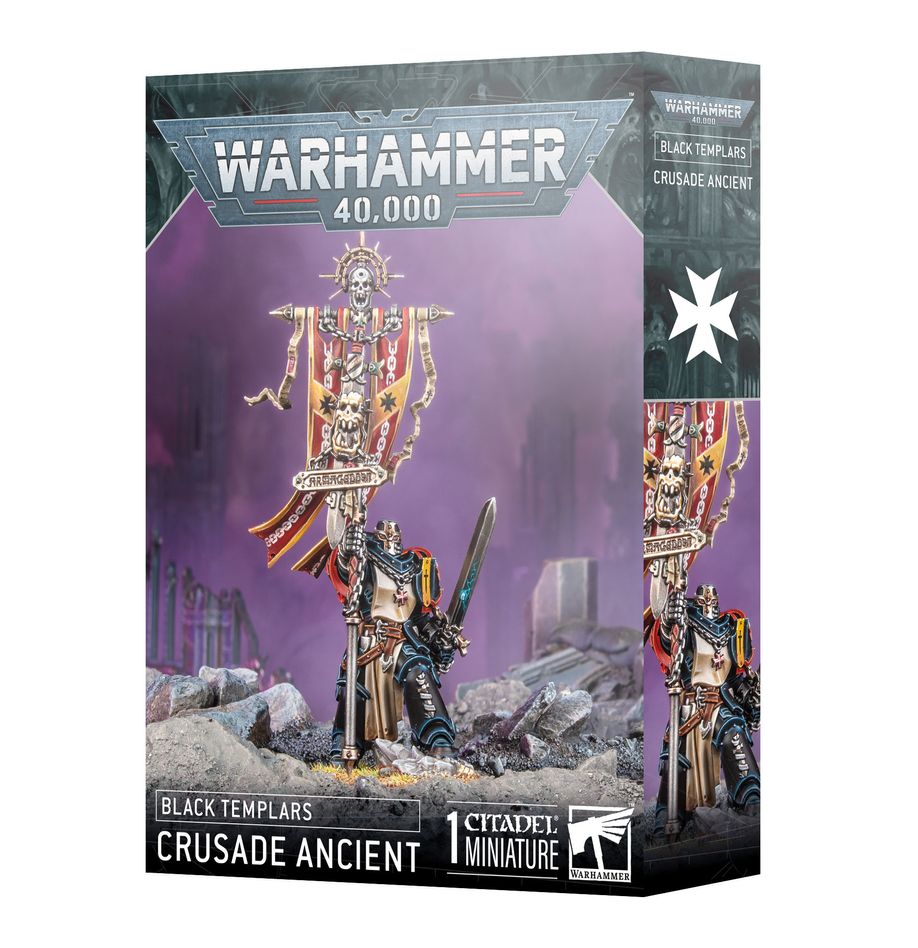 Crusade ancient warhammer 40000.  los ancianos cruzados, encargados de portar los iconos y estandartes sagrados en la batalla, son condecorados guerreros veteranos con una resolución y determinación excepcionales. Exhiben los tapices que representan las victorias de la cruzada y la gloria del dios emperador, e inspiran a sus camaradas a esgrimir su odio como arma contra los enemigos del imperium. Con este kit multicomponente de plástico puedes montar un anciano cruzado, un guerrero veterano encargado de portar el estandarte de batalla de tu ejército de templarios negros de warhammer 40,000. El anciano cruzado es un experto en combate que inspira a sus hermanos a luchar con redoblada determinación mientras destroza a sus enemigos con poderosos golpes de su espada de energía artesanal. Puedes elegir entre dos iconos decorativos: uno con un cráneo orko, inspirado en la cruzada de armageddon, y otro con un escudo en blanco para que pintes tu propia heráldica. El kit contiene 16 piezas de plástico y 1 peana redonda citadel de 40 mm. La miniatura se proporciona sin montar ni pintar. Recomendamos usar pegamento para plástico citadel y pinturas citadel colour. Las miniaturas se proporcionan sin montar ni pintar. Recomendamos usar pegamento para plástico citadel y pinturas citadel colour.