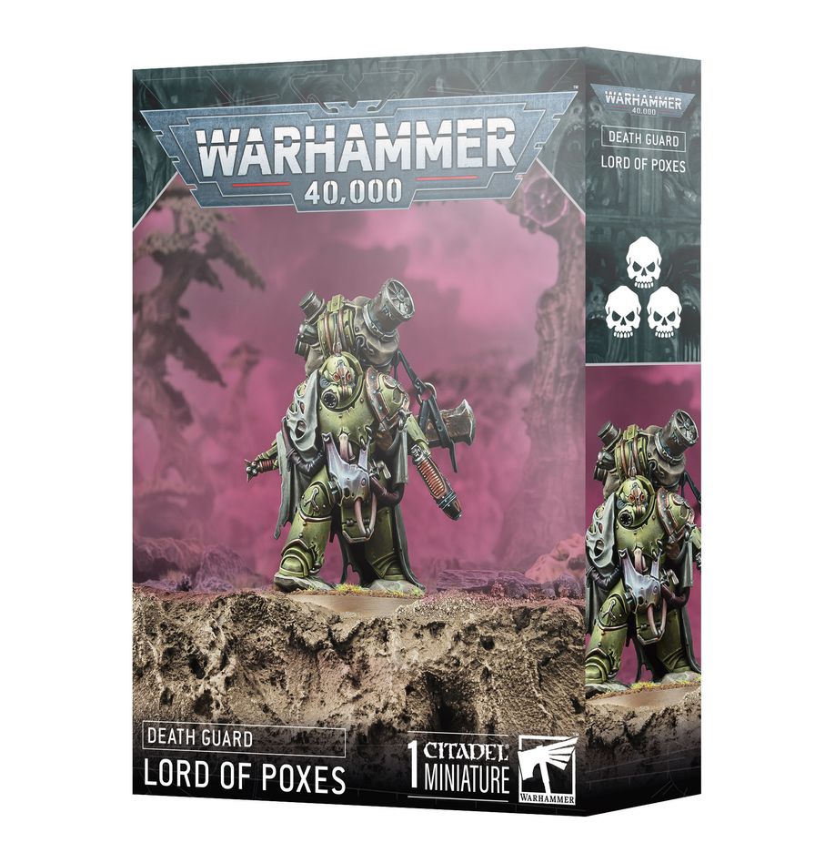 Lord of poxes: death guard warhammer 40000. El señor de las viruelas avanza pesadamente entre una nube densa de humo tóxico y esporas. Esos vapores nocivos que brotan de la turbina miasmática que carga a hombros pueden enmascarar el avance de los guerreros de la guardia de la muerte, y también tumbar a los enemigos con la garganta abotargada o los pulmones derretidos. Con este kit multicomponente de plástico puedes montar un señor de las viruelas, un líder envuelto en niebla para tus ejércitos de la guardia de la muerte de warhammer 40,000. Este imponente guerrero es un general ideal, que dispara su pistola de plasma antes de lanzarse al combate con un pesado gran filo de plaga, ambas armas excelentes para acabar con los odiados marines espaciales. El señor de las viruelas es perfecto para abrirse paso entre los combates más intensos, liderando el avance de tus marines de plaga.