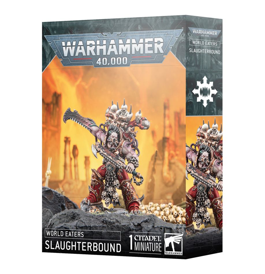 SLAUGHTERBOUND: WORLD EATERS WARHAMMER 40000. ELos Masacrejurados comparten cuerpo con el espíritu poseedor de un Devorador de Almas. Esta unión confiere al anfitrión una fuerza colosal y una rabia insaciable que los lleva a cometer carnicerías desenfrenadas. Pero contener tal poder requiere de una gran fuerza de voluntad, y la muerte de un guerrero así suele ser explosiva. Con este kit multicomponente de plástico puedes montar un Masacrejurado, un poderoso guerrero poseído por un daemon para tus ejércitos de los Devoradores de Mundos de Warhammer 40,000. Este salvaje líder añade una voraz potencia de choque a tu carga, e inspira a los guerreros cercanos a cometer actos aún más sangrientos en nombre de Khorne. Puede montarse con una de dos cabezas distintas, y con un icono de Khorne opcional alzándose sobre la misma, lo que ofrece cierto grado de personalización para esta brutal bestia poseída por un Devorador de Almas.