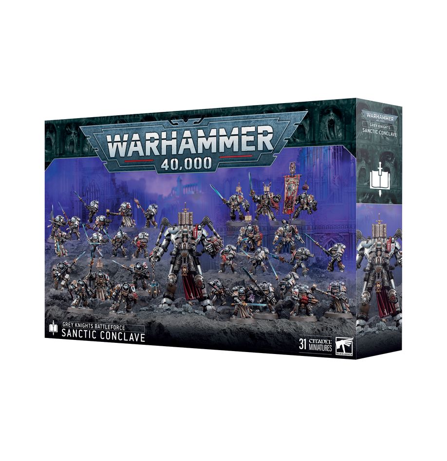 Grey knights battle force: sacred conclave warhammer 40000. Los grandes maestres de los caballeros grises marchan con sus servoterrores némesis a la guerra a grandes zancadas, mientras los siniestros guerreros a su cargo enfilan sus armas esotéricas y desatan tormentas psíquicas de destrucción. Cada guerrero es un poderoso psíquico y un guerrero superlativo por derecho propio. Y unidos son prácticamente imparables. Esta caja contiene las piezas necesarias para montar una poderosa fuerza de caballeros grises de warhammer 40,000. Liderados por un gran maestre en servoterror némesis, están listos para enfrentarse a algunos de los enemigos más duros de la galaxia. Tras ellos caminan resistentes y experimentados exterminadores con armaduras personalizadas, y hermanos de batalla con servoarmadura prestos a unir sus mentes bajo el propósito de purificar la corrupción daemónica.