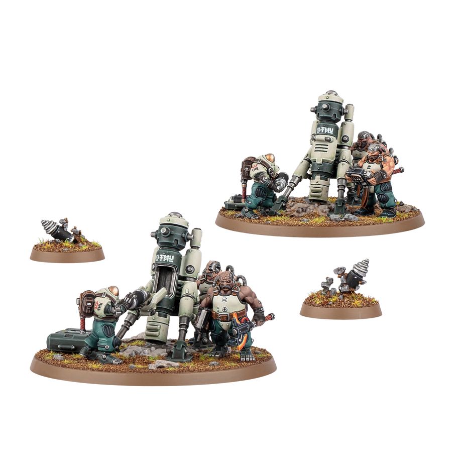 CTHONIAN EARTHSHAKERS: LEAGUES OF VOTANN WARHAMMER 40000. Los Sacudidores Cthonianos socavan las posiciones enemigas con fuego de artillería subterráneo. Algunos usan proyectiles temblor para desestabilizar los bastiones, y otros lanzan ojivas irruptoras que perforan la superficie antes de detonar en una tormenta de metralla, mientras que las cargas que inicialmente no lograron fijar su objetivo lo persiguen ahora mediante ecolocalización geomántica. Con este kit multicomponente de plástico puedes montar dos armas de asedio Sacudidores Cthonianos, junto con su dotación, para tus ejércitos de las Ligas de los Votann de Warhammer 40,000. Estas armas letales envían su munición a través del subsuelo, como un mortero invertido, detonando justo bajo la superficie o inmediatamente después de emerger. Son ideales para apoyar el avance del resto de tu fuerza y devastar al enemigo desde la distancia.