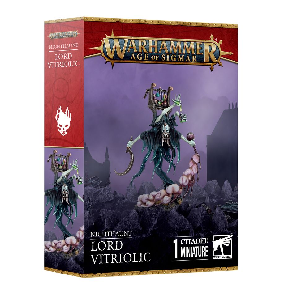 LORD VITRIOLIC: NIGHTHAUNT WARHAMMER AGE OF SIGMAR. El Señor Vitriólico es un envenenador excelso que crea todo tipo de pociones para arrojárselas a sus enemigos. Gases que infunden miedo, ácidos abrasadores y elixires que marchitan el espíritu forman parte de su mortífero arsenal alquímico, que aflige tanto el cuerpo como el alma. Con este kit multicomponente de plástico puedes montar un Señor Vitriólico, un espantoso héroe envenenador para tu ejército de Noctánimas de Warhammer Age of Sigmar. Esta carismática criatura fabrica toda clase de mejunjes que lanza sobre el enemigo con un efecto devastador. Despliégalo en primera línea para ver a tus rivales retorcerse mientras sus unidades se marchitan y sus planes se derrumban.