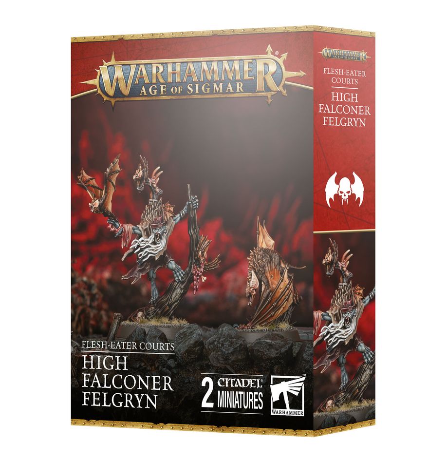 HIGH FALCONER FELGRYN WARHAMMER AGE OF SIGMAR. El Alto Halconero Felgryn, adorado por las masas de siervos y vilipendiado por sus compañeros abominables, es una muestra bestial de un linaje ya de por sí monstruoso. Es comprensible que este vampiro sienta afinidad con las criaturas salvajes, bestias que, enloquecidas por el engaño, obedecen sus órdenes confusas y espían al enemigo para atacarlo con garras relampagueantes. Con este kit multicomponente de plástico puedes montar al Alto Halconero Felgryn, un líder diabólico, y a su “halcón de caza” Garpa para tus ejércitos de Cortes Comecarne de Warhammer Age of Sigmar. Este retorcido guerrero usa sus bestias con gran efectividad, apoyando a tu ejército e inspirando a los siervos próximos a luchar con más tesón si cabe. Estas dinámicas miniaturas son una forma estupenda de darle todavía más personalidad a tu colección y ayudarte a alcanzar la victoria en el tablero de juego.