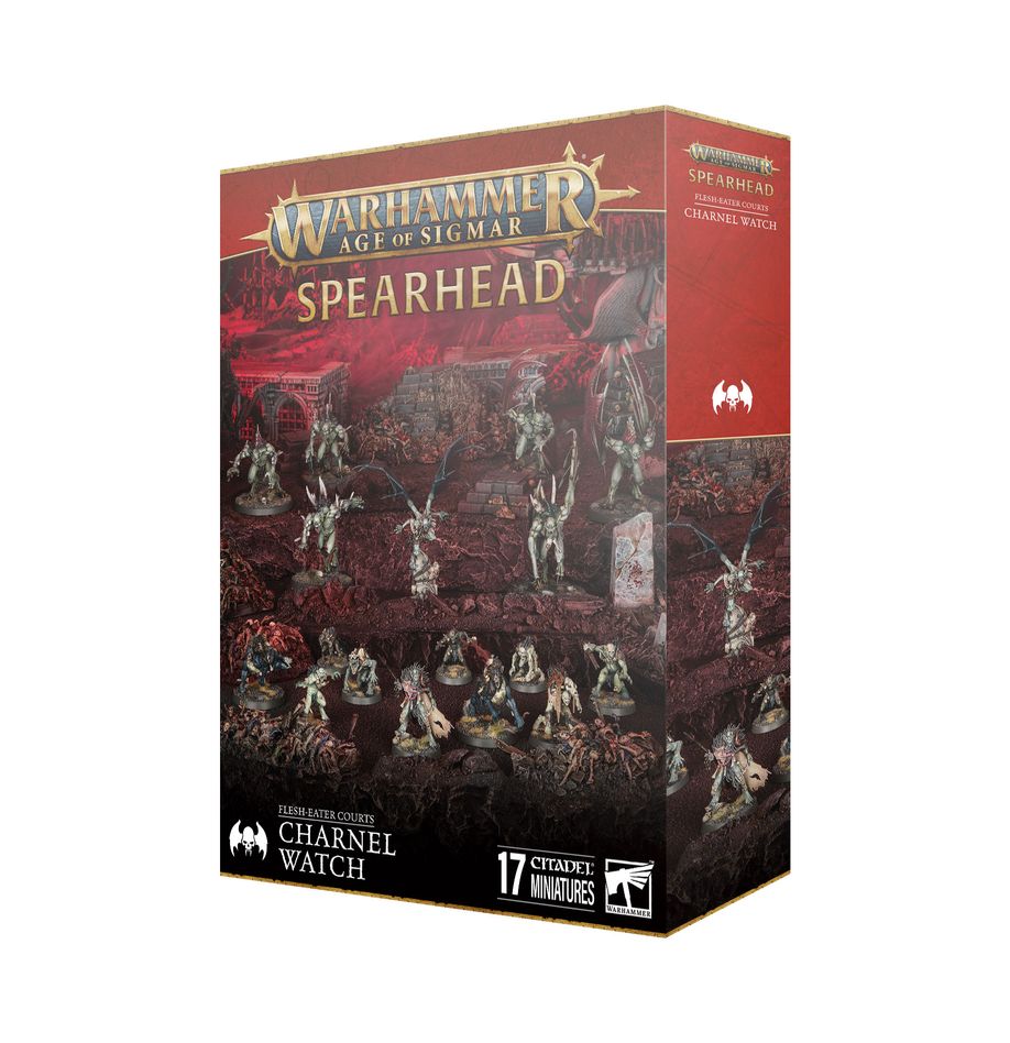 SPEARHEAD: FLESH-EATER COURTS – CHARNEL WATCH WARHAMMER AGE OF SIGMAR. La Guardia del Osario custodia las fronteras de los dominios de las Cortes Comecarne. Un Guardián Sangriento Abominable dirige el destacamento mientras Desolladores de la Cripta alados patrullan los cielos. Los Horrores de la Cripta se establecen en las fortalezas y las protegen frente a incursiones, y una banda de Fustigabestias Reales persigue a sus presas por los campos y las colinas de sus cotos de caza. Si deseas proteger los dominios de tu señor, esta caja es perfecta para empezar o ampliar una colección de Cortes Comecarne de una forma más económica que comprando los kits por separado. Dirigidos por un salvaje Guardián Sangriento Abominable y protegidos por Desolladores de la Cripta de élite, son una fuerza a tener muy en cuenta. Los Horrores de la Cripta se lanzan hacia delante para enfrentarse a las unidades más duras, y los Fustigabestias Reales controlan el campo de batalla y toman objetivos clave. Estas miniaturas forman una fuerza completa de Punta de lanza, lo que significa que podrás empezar a jugar disputadas partidas tácticas nada más abrir la caja.