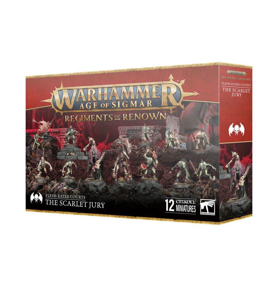 REGIMENT OF RENOWN: THE SCARLET JURY WARHAMMER AGE OF SIGMAR. Nadie escapa a la justicia de Ushoran; para asegurarse de ello, a veces hay que aliarse con toscos forasteros. Así lo cree el Gran Juez Gormayne, que recorre los reinos con sus miembros del “jurado”. Quienes comprenden la naturaleza de la aflicción de los necrófagos pueden seguirles la corriente, aprovechando la oportunidad de dirigir su frenesí en la batalla. Además, Gormayne puede mostrarse razonable, al menos parte del tiempo… Con este caja puedes montar al Jurado Escarlata, un regimiento de renombre para tus ejércitos de Ciudades de Sigmar, Altos Señores Kharadron, Esclavos de la Oscuridad, Noctánimas, Osiarcas Cosechahuesos, Necroseñores Pudrealmas, Piñohierroz, Mandamaloz, Mascatribus Ogors e Hijos de Behemat de Warhammer Age of Sigmar. También es perfecta para empezar o ampliar una colección de Cortes Comecarne de una forma más económica que comprando los kits por separado. Está dirigido por el Gran Juez Gormayne, un magistrado enajenado de la corte de Ushoran, y un Decapitador Real que ejecuta sus sentencias. El “jurado” está formado por una unidad de Guardia de la Cripta, guerreros de élite ansiosos por ejecutar sin titubear la voluntad de su señor.