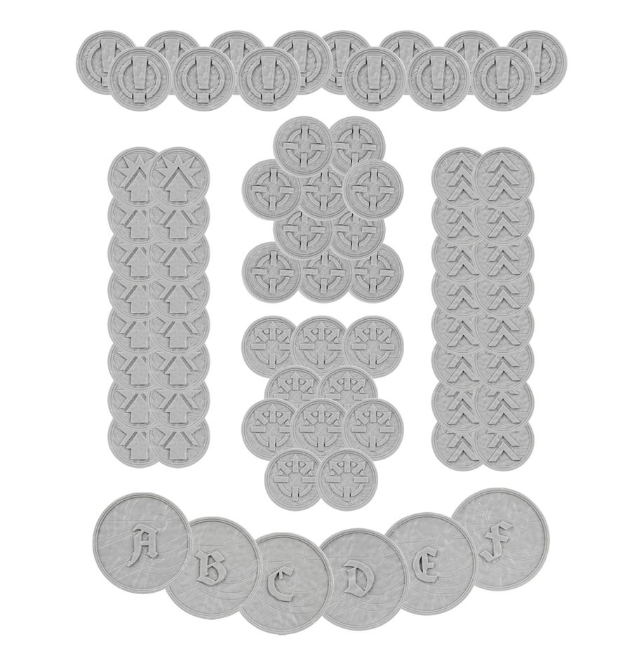 Legions imperialis: order tokens and objective markers warhammer the horus heresy. La herejía de horus trajo consigo batallas colosales entre columnas enteras de blindados, ingentes ejércitos de infantería y enormes ingenios de guerra en todos los frentes. Los comandantes de tan épicos enfrentamientos despachaban órdenes a grandes grupos de unidades para que se reposicionaran, se atrincherasen para desplegar su potencia de fuego o se abalanzaran al combate. Con este conjunto de marcadores y fichas de plástico podrás llevar cómodamente un registro de las ordenes asignadas a tus unidades en partidas de legions imperialis. Trae fichas de first fire, advance, march, charge y fall back con el icono de legions imperiales en el reverso, para ocultárselas a tu oponente. También incluye seis marcadores de objetivo con las etiquetas a, b, c, d, e y f. Están fabricados en relieve para que puedas usarlos tantos pintados como sin pintar. Concéntrate en la partida y no pierdas la cuenta de tus unidades clave con estas fichas.