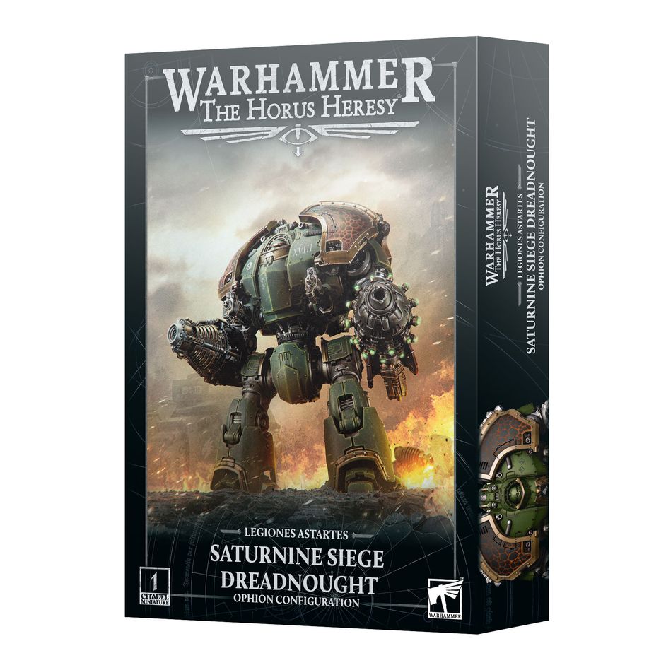 Saturnine siege dreadnought ophion configuration warhammer the horus heresy.  el dreadnought saturnine se desarrolló como una extensión de la tecnología utilizada para crear la armadura exterminador saturnine. Este chasis requiere enormes generadores para alimentar su potente armamento y sus complejos escudos de energía. Más alto incluso que los leviathan siege dreadnoughts, hay pocos en el campo de batalla que puedan resistir su furia. Con este kit multicomponente de plástico puedes montar un saturnine siege dreadnought, una potente máquina de guerra para los ejércitos de legiones astartes de warhammer: the horus heresy. Su gruesa armadura y su avanzado blindaje absorben una cantidad considerable de potencia de fuego, lo que los hace increíblemente difíciles de abatir. La configuración ophion presenta armas para el combate de corta distancia, con un inversion beamer y un graviton pulveriser capaz de destrozar vehículos, y también heavy particle shredders montados en el frente para aniquilar a la infantería cercana.