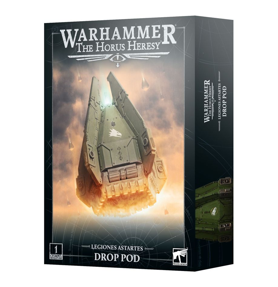 Legion drop pod warhammer the horus heresy.  las cápsulas de desembarco son módulos de descenso orbital autónomos y recuperables, diseñados para desplegar una escuadra de marines espaciales. Se utilizan para ataques sorpresa y despliegues de combate en medio de zonas de guerra activas, donde las naves de guerra de las legiones astartes las lanzan como proyectiles desde el borde del espacio hacia su objetivo. Las cápsulas están blindadas y reforzadas para soportar los rigores de la reinserción, pero su verdadera defensa es la velocidad. Con este kit multicomponente de plástico puedes montar una drop pod, una opción de transporte para los ejércitos de las legiones astartes de warhammer: the horus heresy. Si lo tuyo es la disrupción, el acoso y las tácticas agresivas, la drop pod ofrece nuevas opciones tácticas para tus fuerzas. Está equipada de serie con un pintle mounted combi-bolter. La miniatura cuenta con numerosos detalles de sus sistemas internos, como una consola y arneses, y además las cinco puertas pueden montarse sin pegamento, lo que permite abrirlas y cerrarlas.