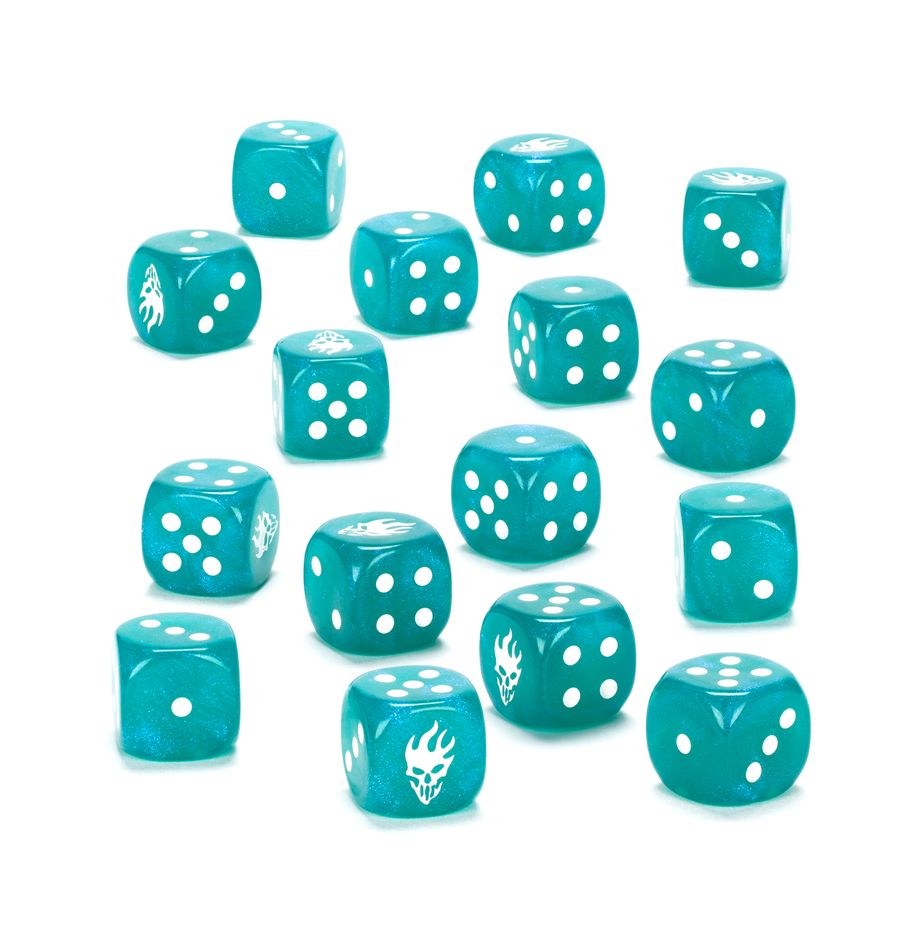 NIGHTHAUNT DICE WARHAMMER AGE OF SIGMAR. Las Noctánimas son horrores etéreos, almas de muertos retorcidas hasta convertirse en criaturas amargas y rencorosas que detestan a los vivos. Descargan su furia en el campo de batalla, despedazando a sus enemigos con garras fantasmagóricas y herrumbrosas armas de hierro. Un juego de 16 dados de seis caras con esquinas redondeadas para usarlos en partidas de Warhammer Age of Sigmar, con temática de las Noctánimas. Están fabricados en plástico acrílico de color turquesa con efecto estrellado y muescas en tinta blanca, y miden 16 mm de arista. Las caras del 1 al 5 presentan los tradicionales puntos, mientras que la cara del 6 está adornada con la fantasmagórica calavera de las Noctánimas.