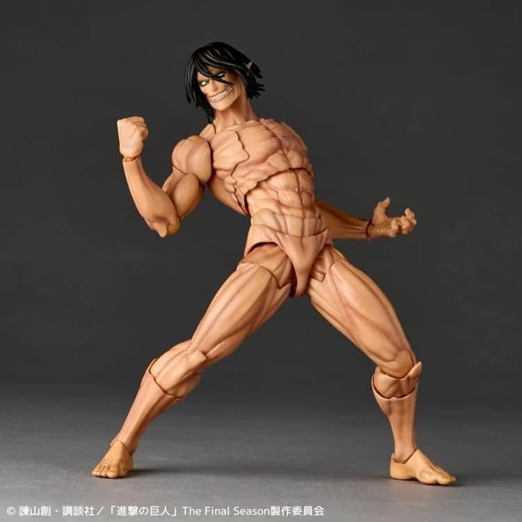 Attack titan eren yeager attack on titan amazing yamaguchi revoltech.  ¡los exterminaremos incluso con revoltech! ¡disfruta de la acción de los gigantes con movimientos al estilo yamaguchi! Del exitoso anime ataque a los titanes, el protagonista eren yeager se ha transformado en el "titán de ataque", ¡ya disponible en amazing yamaguchi, bajo la dirección de yamaguchi katsuhisa! La figura recrea su singular musculatura, y aunque se trata de una figura humanoide sencilla, su postura es fiel a la de la película. La fuerza del cuerpo densamente tonificado se realza aún más mediante una cuidadosa pintura de sombras. Los omóplatos se pueden mover hacia adelante y hacia atrás junto con los lados izquierdo y derecho del pecho dividido, permitiendo que los brazos se abran bien y se crucen profundamente. El torso se puede dividir con flexibilidad, permitiendo arqueos y flexiones naturales. Las articulaciones de la cadera combinan articulaciones esféricas y ejes diagonales al estilo yamaguchi. Y las espinillas se pueden mover para expresar la "flexibilidad" del cómic, añadiendo articulaciones que no se encuentran en el cuerpo humano. Todos estos trucos móviles han sido cuidadosamente desarrollados por yamaguchi katsuhisa, ¡lo que te permite recrear las poses de acción dinámicas de eren como un titán en tus manos!