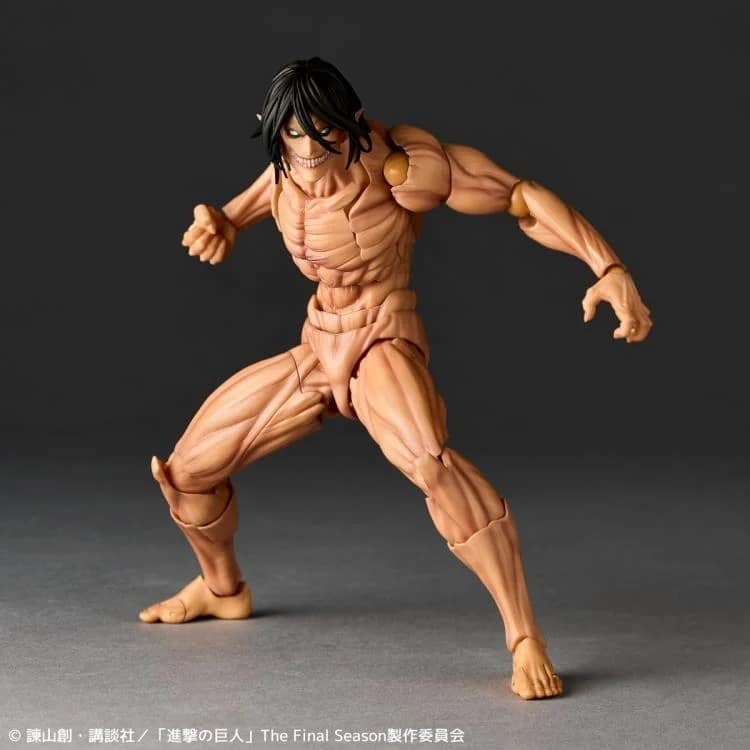 Attack titan eren yeager attack on titan amazing yamaguchi revoltech.  ¡los exterminaremos incluso con revoltech! ¡disfruta de la acción de los gigantes con movimientos al estilo yamaguchi! Del exitoso anime ataque a los titanes, el protagonista eren yeager se ha transformado en el "titán de ataque", ¡ya disponible en amazing yamaguchi, bajo la dirección de yamaguchi katsuhisa! La figura recrea su singular musculatura, y aunque se trata de una figura humanoide sencilla, su postura es fiel a la de la película. La fuerza del cuerpo densamente tonificado se realza aún más mediante una cuidadosa pintura de sombras. Los omóplatos se pueden mover hacia adelante y hacia atrás junto con los lados izquierdo y derecho del pecho dividido, permitiendo que los brazos se abran bien y se crucen profundamente. El torso se puede dividir con flexibilidad, permitiendo arqueos y flexiones naturales. Las articulaciones de la cadera combinan articulaciones esféricas y ejes diagonales al estilo yamaguchi. Y las espinillas se pueden mover para expresar la "flexibilidad" del cómic, añadiendo articulaciones que no se encuentran en el cuerpo humano. Todos estos trucos móviles han sido cuidadosamente desarrollados por yamaguchi katsuhisa, ¡lo que te permite recrear las poses de acción dinámicas de eren como un titán en tus manos!