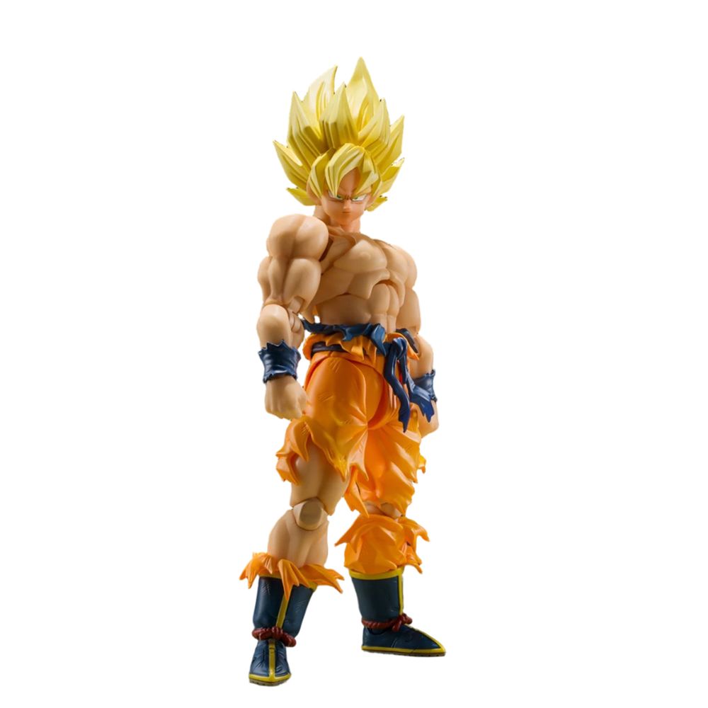 Super saiyan son goku legendary super saiyan dragon ball z sh figuarts re-run. Tamashii presenta dentro de su colección s. H. Figuarts la figura de super saiyan son goku, basado en su aspecto durante el combate final del arco de freezer en "dragon ball z". La figura mide aproximadamente 14,5 cm y destaca por su musculatura expuesta y ropa desgarrada. Incluye 3x expresiones faciales, 5x manos intercambiables para cada lado, 1x parte frontal de reemplazo, 1x cabeza alternativa y 1x efecto para el ataque kamehameha. Fabricada en pvc y abs. Unidades limitadas.