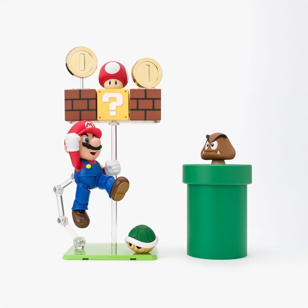 Super mario playset sh figuarts. Tamashii presenta este set de accesorios para expandir el universo de la colección s. H. Figuarts basado en el videojuego "super mario bros". Este set incluye 1x bloque hatena, 2x bloques de ladrillos, 2x figuras de goomba, 2x monedas con 2x tipos de soporte, 1x figura de midori con su set de piezas de unión, 3x piezas de conexión para bloques, 1x tubo de teletransporte con su tapa, y 1x peana exclusiva. Fabricado en abs/pvc.  