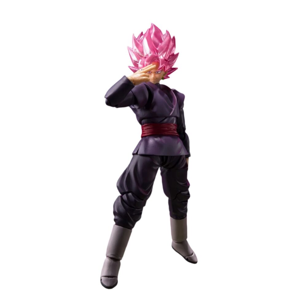 GOKU BLACK SUPER SAIYAN ROSE DRAGON BALL SUPER SH FIGUARTS RE-RUN. Tamashii presenta la figura de Goku Black - Super Saiyan Rose - dentro de la línea S.H.Figuarts, basada en su aparición en la serie "Dragon Ball Super". Mide aproximadamente 14 cm y ha sido diseñada con gran detalle para reproducir fielmente su aspecto en la transformación rosa. Incluye 3x expresiones faciales (sonriente, gritando y de combate), 2x manos izquierdas y 3x manos derechas intercambiables. Fabricada en PVC y ABS, permite una amplia variedad de poses dinámicas. UNIDADES LIMITADAS.