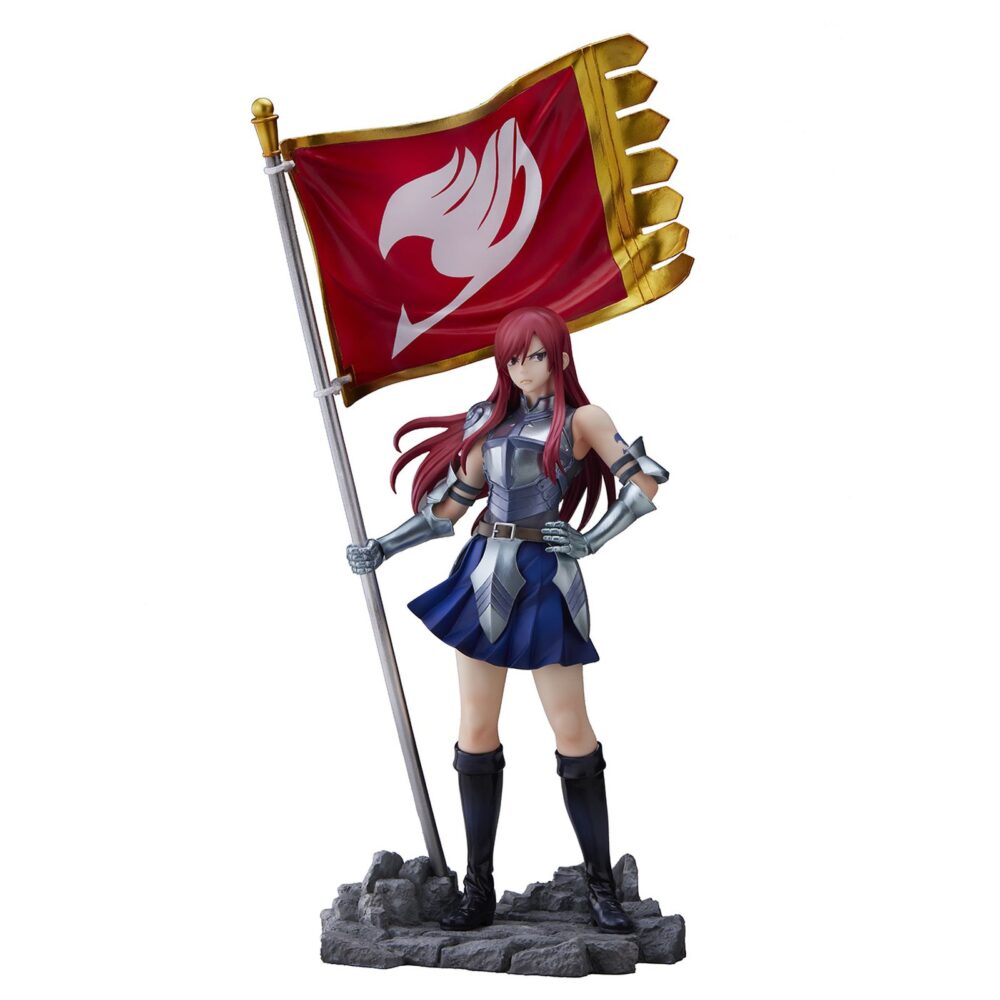 Erza scarlet fairy tail 1/8. Bellfine vuelve a presentar la figura de erza scarlet del popular anime "fairy tail". La 7ª maestra del gremio mide aproximadamente 32 cm a escala 1/8. Se presenta con la bandera del gremio y una armadura galante que se puede extraer para exponerla con vestido casual. Cuenta con un pedestal con forma de rocas que la mantiene estable para exponer con o sin bandera.