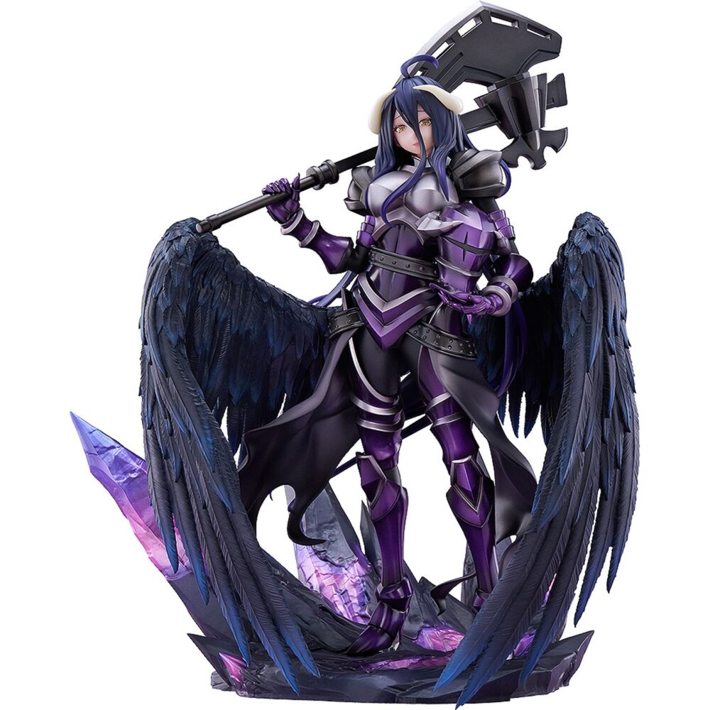 Alberdo hermes trismegistus overlord 1/7. Dmm factory presenta la figura a escala 1/7 de albedo, en su versión hermes trismegistus, inspirada en el anime "overlord". Con una altura aproximada de 30,8 cm, muestra al personaje con una armadura oscura y pesada que realza su porte imponente. Las alas que se extienden desde su cintura y su bardiche se han recreado con gran detalle, ofreciendo una apariencia poderosa y elegante. Incluye base expositora con decorado de rocas que complementan su diseño.