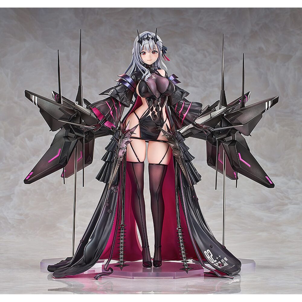 Modernia second affection goddess of victory: nikke 1/7. Good smile arts shanghai presenta la figura de modernia, inspirada en el videojuego para teléfonos móviles "goddess of victory: nikke". La antagonista, miembro del escuadrón los herejes, se presenta en su versión second affection con un alto nivel de detalle tanto en pintura como en esculpido. Mide aproximadamente 25 cm a escala 1/7 e incluye 1x falda extraíble y 2x partes mecánicas flotantes con sus bases transparentes. Cuenta con una base octagonal transparente para su exposición.
