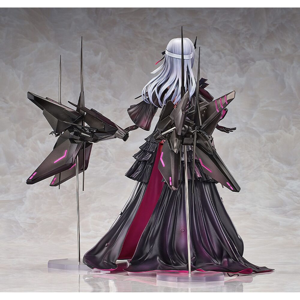 Modernia second affection goddess of victory: nikke 1/7. Good smile arts shanghai presenta la figura de modernia, inspirada en el videojuego para teléfonos móviles "goddess of victory: nikke". La antagonista, miembro del escuadrón los herejes, se presenta en su versión second affection con un alto nivel de detalle tanto en pintura como en esculpido. Mide aproximadamente 25 cm a escala 1/7 e incluye 1x falda extraíble y 2x partes mecánicas flotantes con sus bases transparentes. Cuenta con una base octagonal transparente para su exposición.