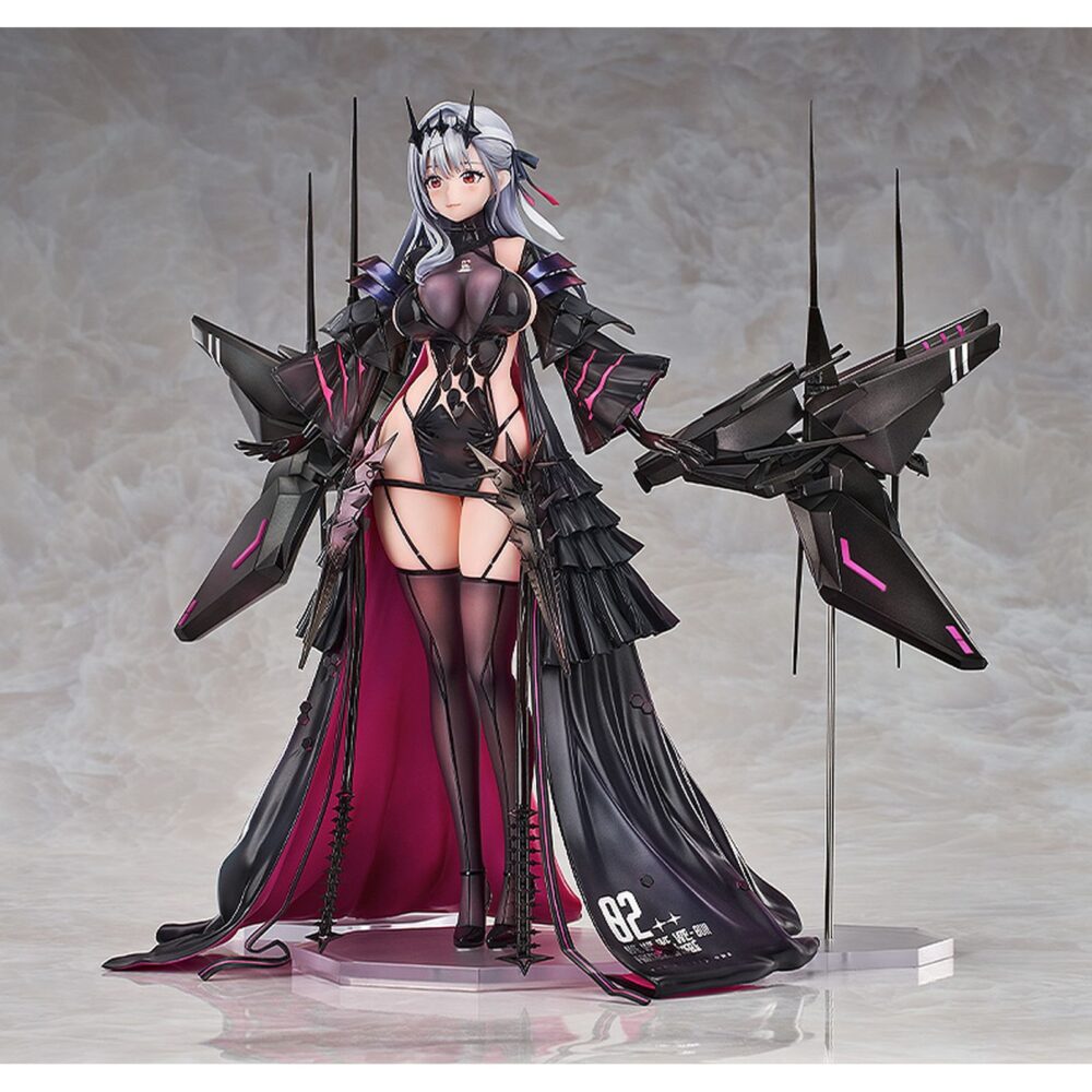 Modernia second affection goddess of victory: nikke 1/7. Good smile arts shanghai presenta la figura de modernia, inspirada en el videojuego para teléfonos móviles "goddess of victory: nikke". La antagonista, miembro del escuadrón los herejes, se presenta en su versión second affection con un alto nivel de detalle tanto en pintura como en esculpido. Mide aproximadamente 25 cm a escala 1/7 e incluye 1x falda extraíble y 2x partes mecánicas flotantes con sus bases transparentes. Cuenta con una base octagonal transparente para su exposición.