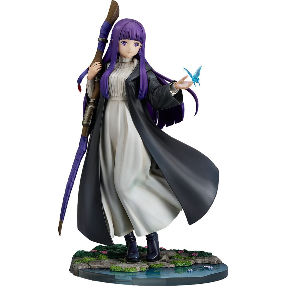 Ferm: reflections of a distant memory frieren: beyond journey’s end 1/7. Good smile company presenta la figura de fern, la joven maga y aprendiz en el anime "frieren: beyond journey's end". Mide aproximadamente 24 cm de alto a escala 1/7 y presenta al personaje con un diseño manga lleno de detalles, desde la mariposa posada sobre su mano, pasando por los pliegues del vestido y finalmente la base que reproduce un arroyo claro con flores.