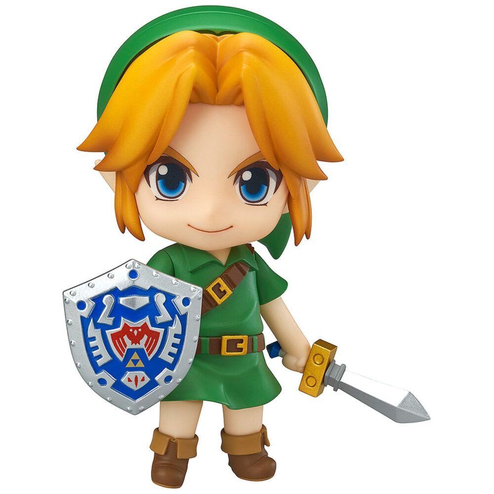 Link the legend of zelda majora’s mask nendoroid. Good smile company vuelve a introducir en su colección nendoroid la figura articulada de link basada en el protagonista del videojuego "the legend of zelda: majora's mask 3d" para nintendo 3ds. Esta edición cuenta con una selección de accesorios mayor de lo habitual: 2x placas faciales intercambiables (sonriente y gritando), 1x escudo del héroe, 1x espada kokiri, 1x poción de salud, 1x capucha de conejo, 1x máscara deku, 1x máscara goron, 1x máscara zora, 1x máscara de majora y 1x hada tatl con soporte. Mide aproximadamente 10 cm de altura y está fabricada en pvc y abs. Se presenta en caja con ventana y cuenta con una base cuadrada transparente con soporte articulado para exposición.