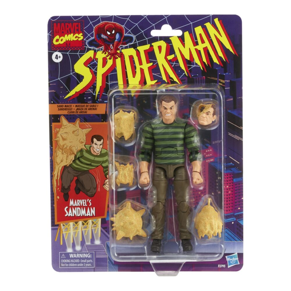 SANDMAN SPIDER-MAN MARVEL LEGENDS RETRO SERIES RE-RUN. Hasbro incorpora a la línea retro de Marvel Legends esta figura de Sandman ("El Hombre de Arena" en España), inspirada en uno de los principales antagonistas de los cómics de “Spider-Man”. Con su apariencia retro y acabados premium, tiene una altura aproximada de 15 cm, con múltiples articulaciones para recrear diferentes poses. Incluye los siguientes accesorios: 1x cabeza alternativa y 4x puños con efectos de arena, entre ellos, uno con forma de maza con pinchos. Se presenta en un blíster con estética retro. UNIDADES LIMITADAS.