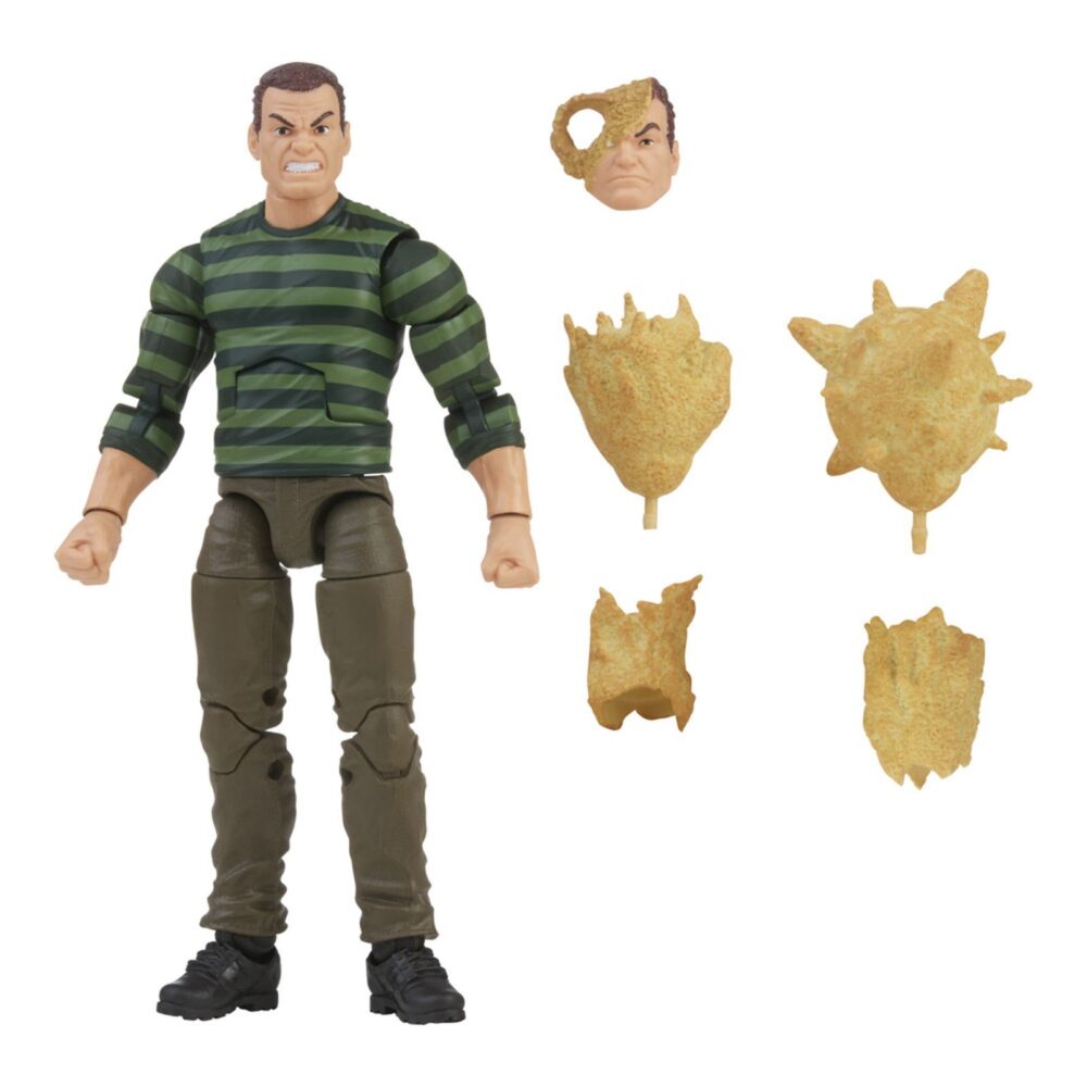 SANDMAN SPIDER-MAN MARVEL LEGENDS RETRO SERIES RE-RUN. Hasbro incorpora a la línea retro de Marvel Legends esta figura de Sandman ("El Hombre de Arena" en España), inspirada en uno de los principales antagonistas de los cómics de “Spider-Man”. Con su apariencia retro y acabados premium, tiene una altura aproximada de 15 cm, con múltiples articulaciones para recrear diferentes poses. Incluye los siguientes accesorios: 1x cabeza alternativa y 4x puños con efectos de arena, entre ellos, uno con forma de maza con pinchos. Se presenta en un blíster con estética retro. UNIDADES LIMITADAS.