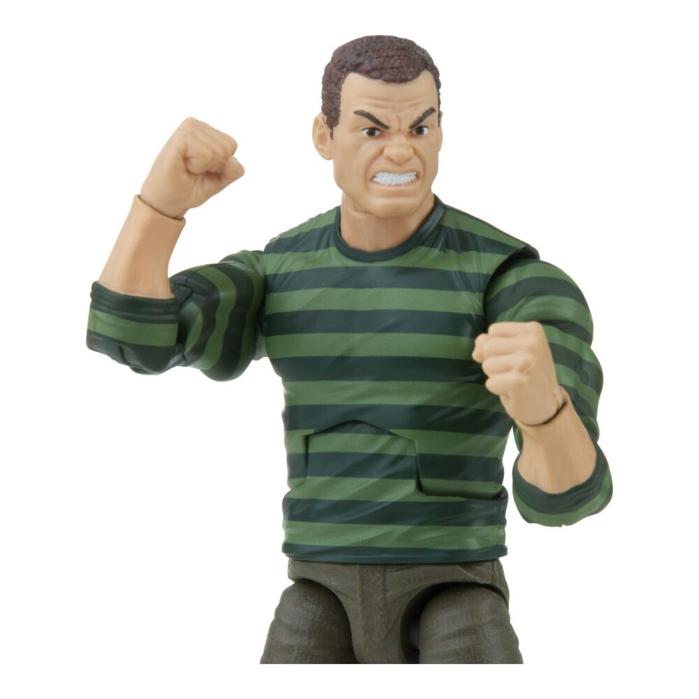 Sandman spider-man marvel legends retro series re-run. Hasbro incorpora a la línea retro de marvel legends esta figura de sandman ("el hombre de arena" en españa), inspirada en uno de los principales antagonistas de los cómics de “spider-man”. Con su apariencia retro y acabados premium, tiene una altura aproximada de 15 cm, con múltiples articulaciones para recrear diferentes poses. Incluye los siguientes accesorios: 1x cabeza alternativa y 4x puños con efectos de arena, entre ellos, uno con forma de maza con pinchos. Se presenta en un blíster con estética retro. Unidades limitadas.