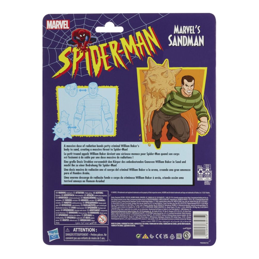 Sandman spider-man marvel legends retro series re-run. Hasbro incorpora a la línea retro de marvel legends esta figura de sandman ("el hombre de arena" en españa), inspirada en uno de los principales antagonistas de los cómics de “spider-man”. Con su apariencia retro y acabados premium, tiene una altura aproximada de 15 cm, con múltiples articulaciones para recrear diferentes poses. Incluye los siguientes accesorios: 1x cabeza alternativa y 4x puños con efectos de arena, entre ellos, uno con forma de maza con pinchos. Se presenta en un blíster con estética retro. Unidades limitadas.