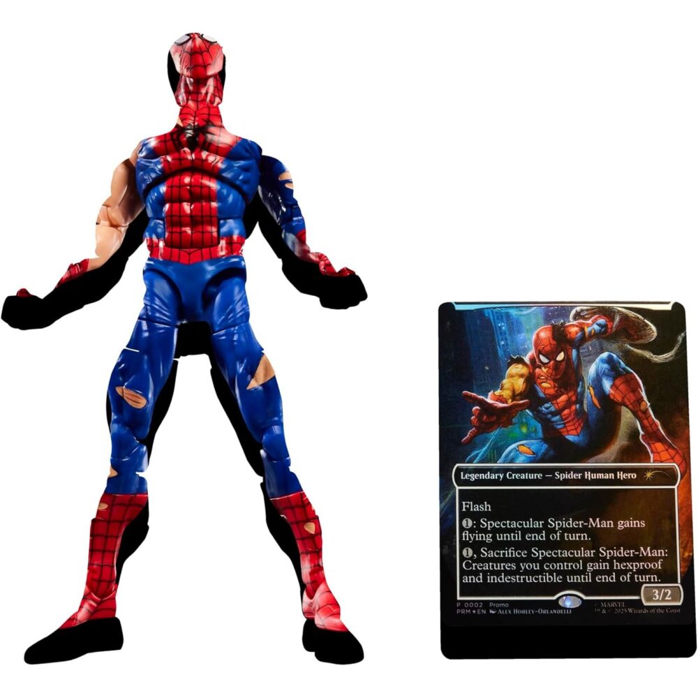 BATTLE-DAMAGED SPIDER-MAN MARVEL LEGENDS MAGIC: THE GATHERING. Hasbro incorpora a su línea Marvel Legeds esta figura de Spider-Man con daños de batalla, inspirada en el personaje de los comics de Marvel. Con más de 20 puntos de articulación y una altura de 15 cm, cuenta con diferentes accesorios: 1x cabeza alternativa sin máscara, 2x manos lanzando lanzatelarañas, 2x manos trepando muros, 1x telaraña y 1x escudo de telaraña. Al tratarse de una colaboración entre Hasbro y Wizards of the Coast se incluye la carta metalizada exclusiva "Spectacular Spider-Man" para el juego de cartas coleccionables Magic: The Gathering. Se presenta en una caja ilustrada con ventana. UNIDADES LIMITADAS.