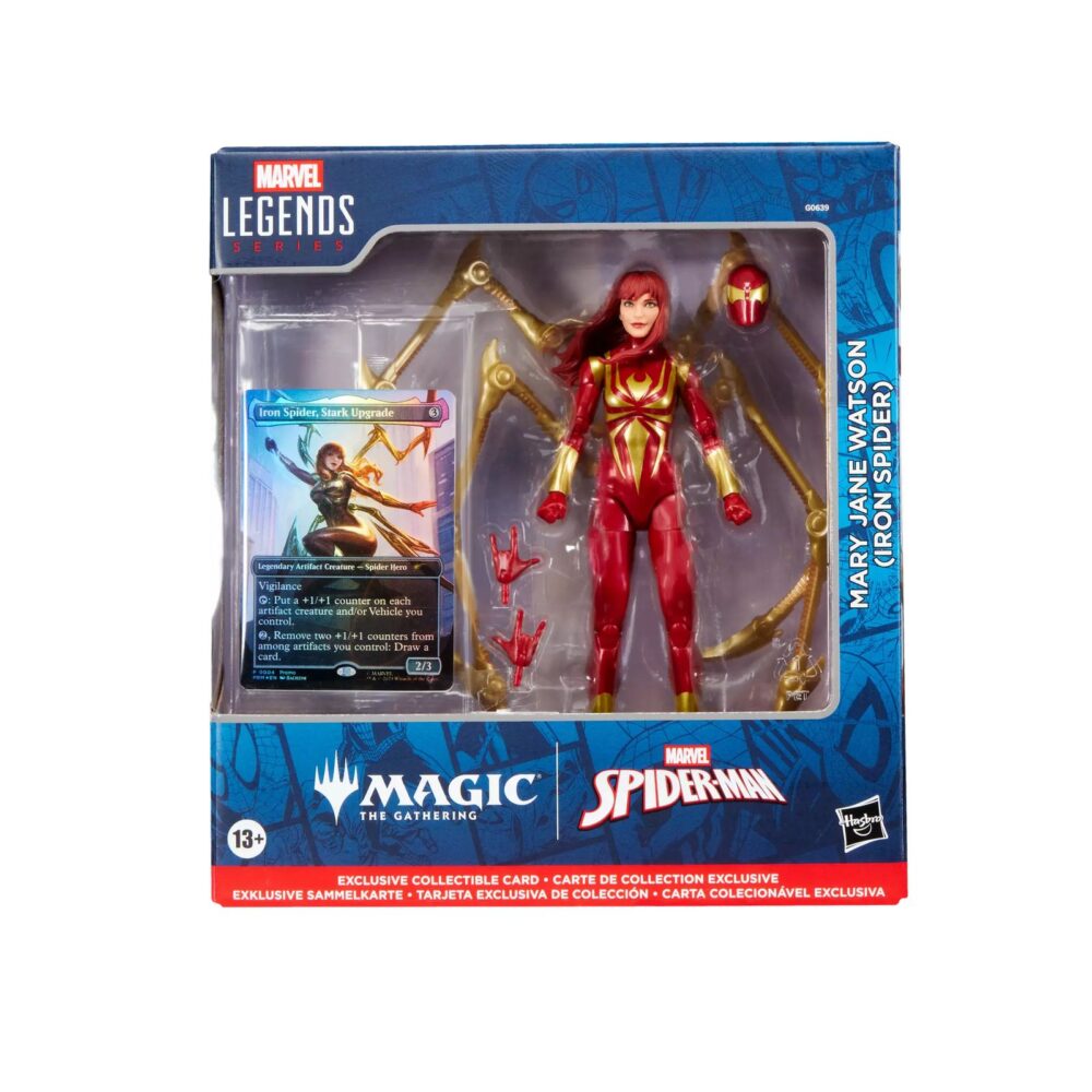 MARY JANE WATSON (IRON SPIDER) MARVEL LEGENDS MAGIC: THE GATHERING. Hasbro añade a su colección Marvel Legends esta figura de Mary Jane Watson con el traje de Iron Spider, basada en el personaje de los comics de Marvel. Con más de 20 puntos de articulación y una altura de 15 cm, cuenta con diferentes accesorios: 1x cabeza alternativa con máscara, 2x manos lanzando telarañas y 4x patas móviles del traje Iron Spider. Al tratarse de una colaboración entre Hasbro y Wizards of the Coast se incluye la carta metalizada exclusiva "Iron Spider, Stark Upgrade" para el juego de cartas coleccionables Magic: The Gathering. Se presenta en una caja ilustrada con ventana. UNIDADES LIMITADAS.