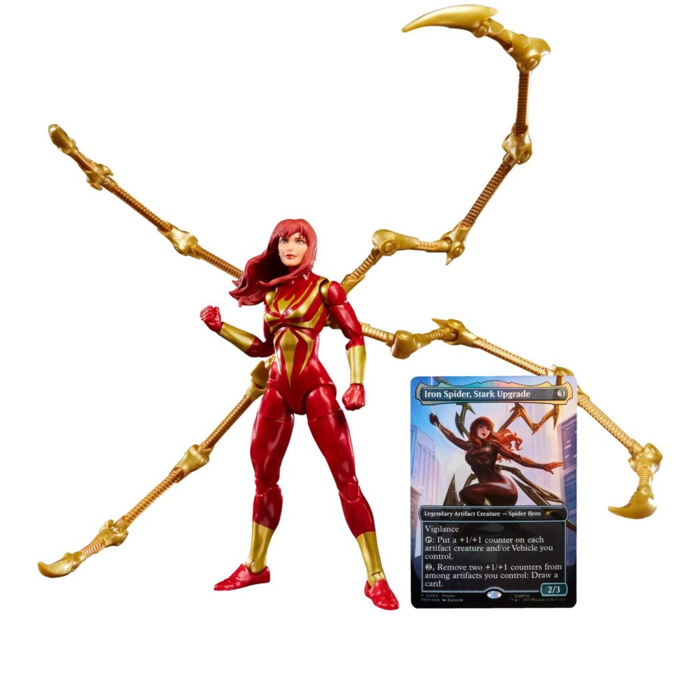 MARY JANE WATSON (IRON SPIDER) MARVEL LEGENDS MAGIC: THE GATHERING. Hasbro añade a su colección Marvel Legends esta figura de Mary Jane Watson con el traje de Iron Spider, basada en el personaje de los comics de Marvel. Con más de 20 puntos de articulación y una altura de 15 cm, cuenta con diferentes accesorios: 1x cabeza alternativa con máscara, 2x manos lanzando telarañas y 4x patas móviles del traje Iron Spider. Al tratarse de una colaboración entre Hasbro y Wizards of the Coast se incluye la carta metalizada exclusiva "Iron Spider, Stark Upgrade" para el juego de cartas coleccionables Magic: The Gathering. Se presenta en una caja ilustrada con ventana. UNIDADES LIMITADAS.