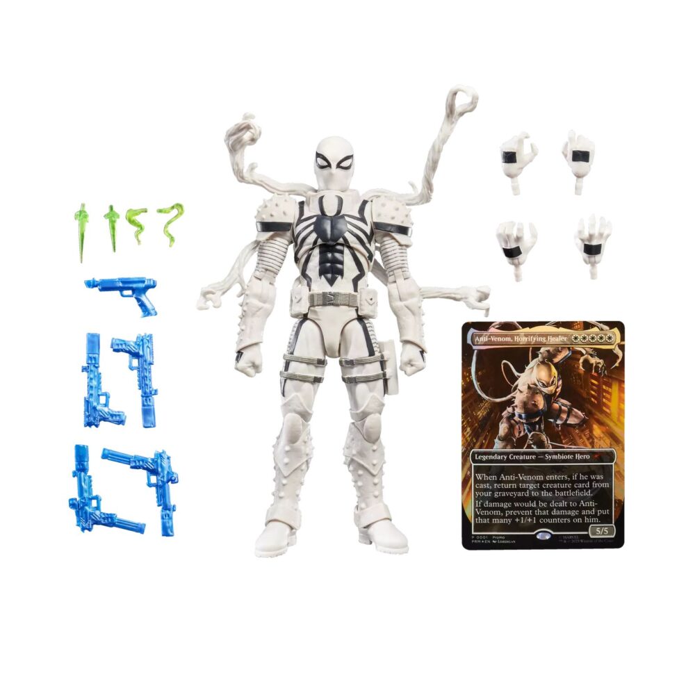 Agent anti-venom marvel legends magic: the gathering. Hasbro incorpora a su colección marvel legends esta la figura de agent anti-venom, inspirada en el personaje de los comics de marvel. Con más de 20 puntos de articulación y una altura de 15 cm, cuenta con diferentes accesorios: 4x manos intercambiables, 2x efectos de disparo, 2x efectos de humo, 1x pieza de 4 zarzillos acoplable en la espalda y 5x armas de fuego. Al tratarse de una colaboración entre hasbro y wizards of the coast se incluye la carta metalizada exclusiva "anti-venom, horrifying healer" para el juego de cartas coleccionables magic: the gathering. Se presenta en una caja ilustrada con ventana. Unidades limitadas.